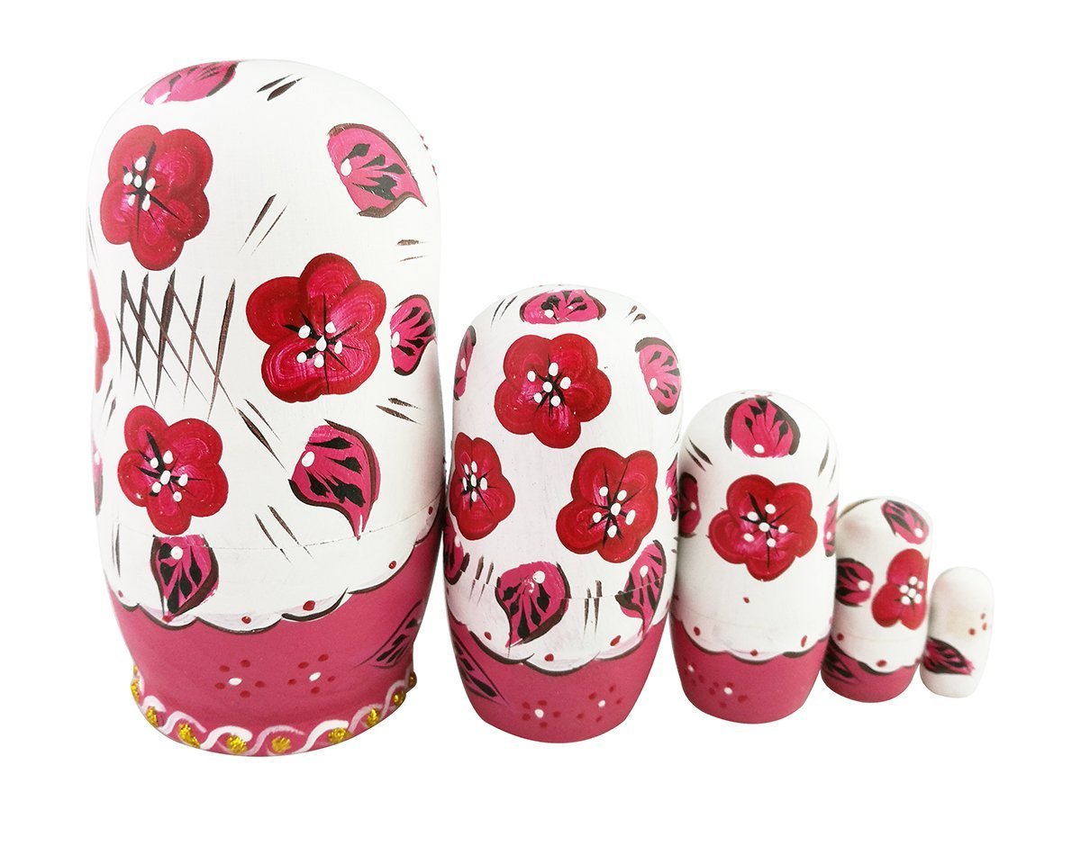 Lot de 5 poupées russes russes en bois avec fleurs rouges et roses - Jouet empilable en bois fait à la main - Cadeau amusant pour chambre d'enfant
