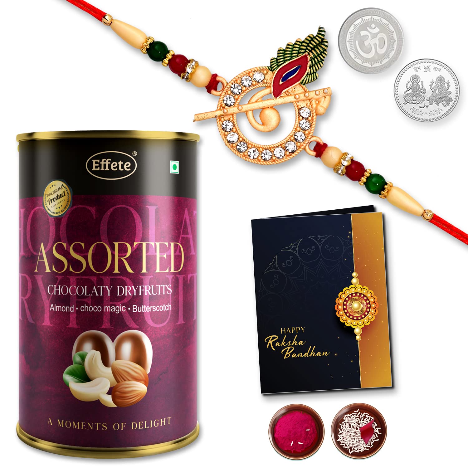 DeoDap Multicolor Bal Krishna Morpich Flute Colorful Beads Rakhi / Bracelet (K1_703_AS) & Effete Assorted Chocolate Dry fruits 96gm with Silver Color Pooja Coin, Roli Chawal & Greeting Card | Occasion | Rakhi Combo with card and chocolate | chocolate (B0B564SVQQ) Amazon Price History, Amazon Price Tracker