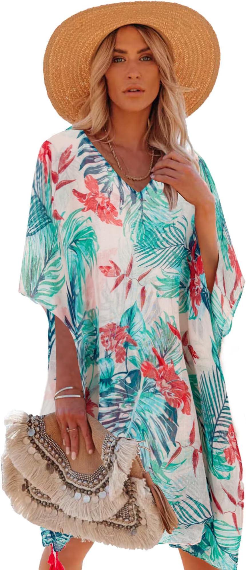 Moss Rose Women's Swimsuit Cover up Beach Kaftan for Bathing Suit with Floral Pattern