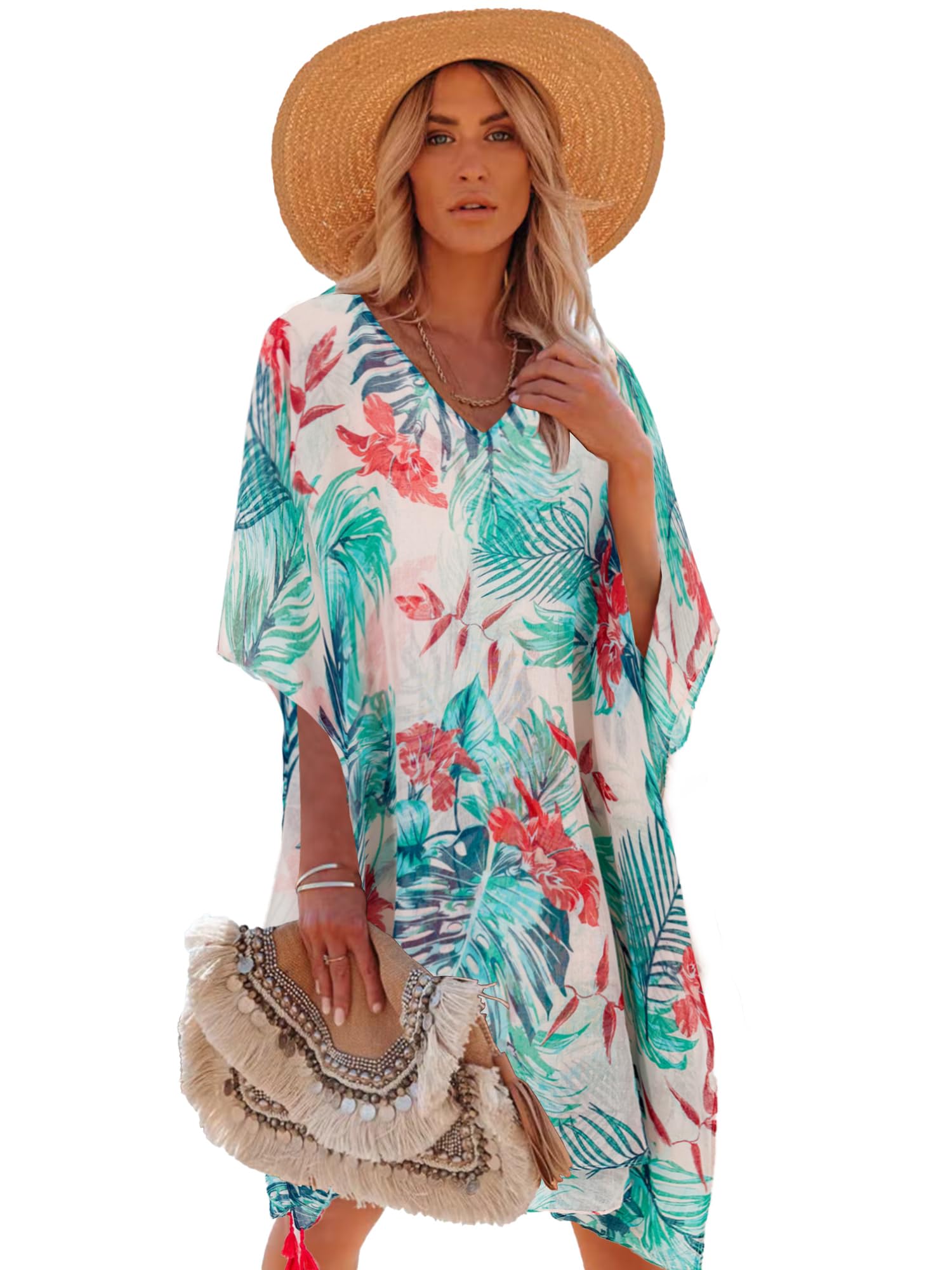 Moss RoseWomen's Swimsuit Cover up Beach Kaftan for Bathing Suit with Floral Pattern