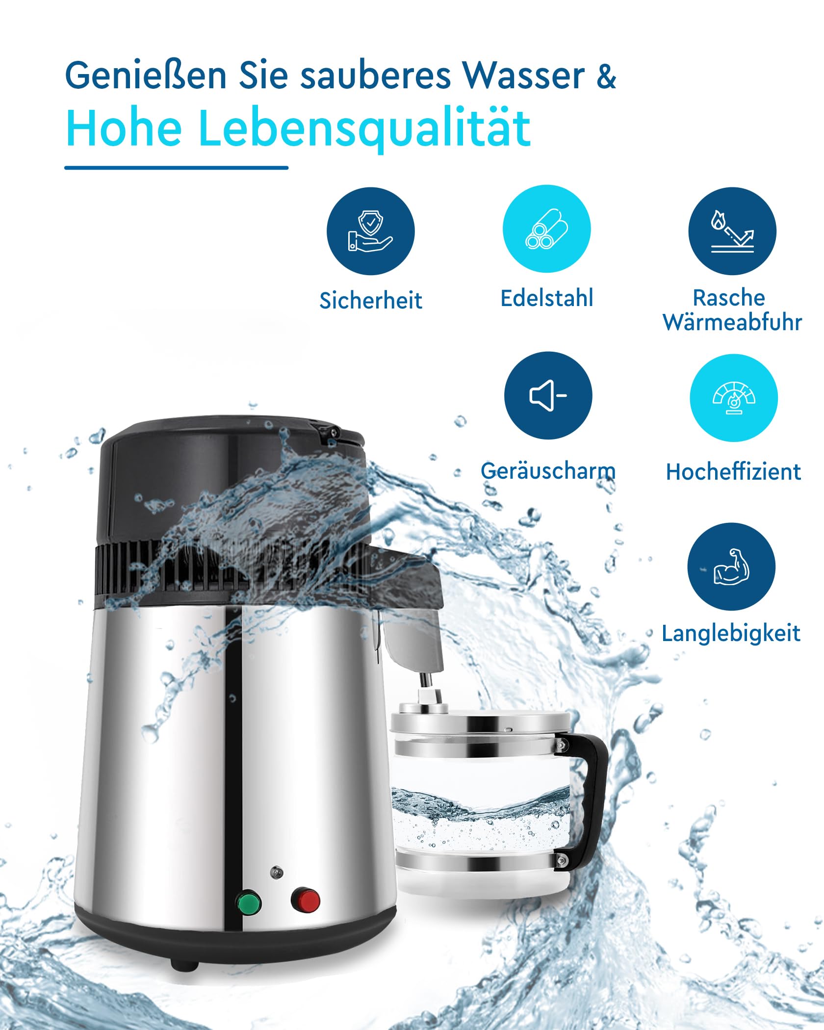 FoundGo Edelstahl Wasserdestilliergerät 750W 1L/H Automatischer Wasserdestillierer mit Glaskanne