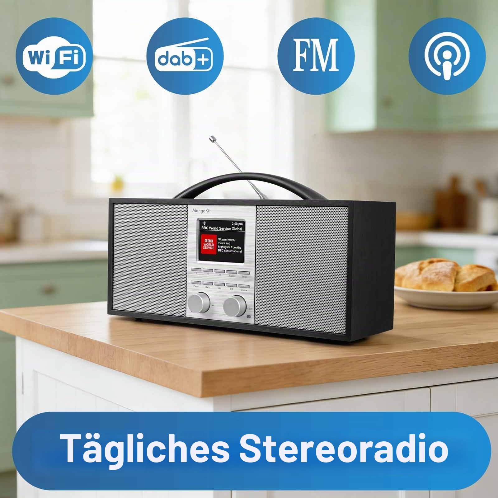 SR40 Internetradio mit Bluetooth, Podcast Player-DAB/DAB+,UKW Stereo Digitalradio, Akku 10+Stunden, 2.0 Lautsprecher,150 Senderspeicher, Radiowecker,Holzgehäuse & Aluminiumgriff-Schwarz