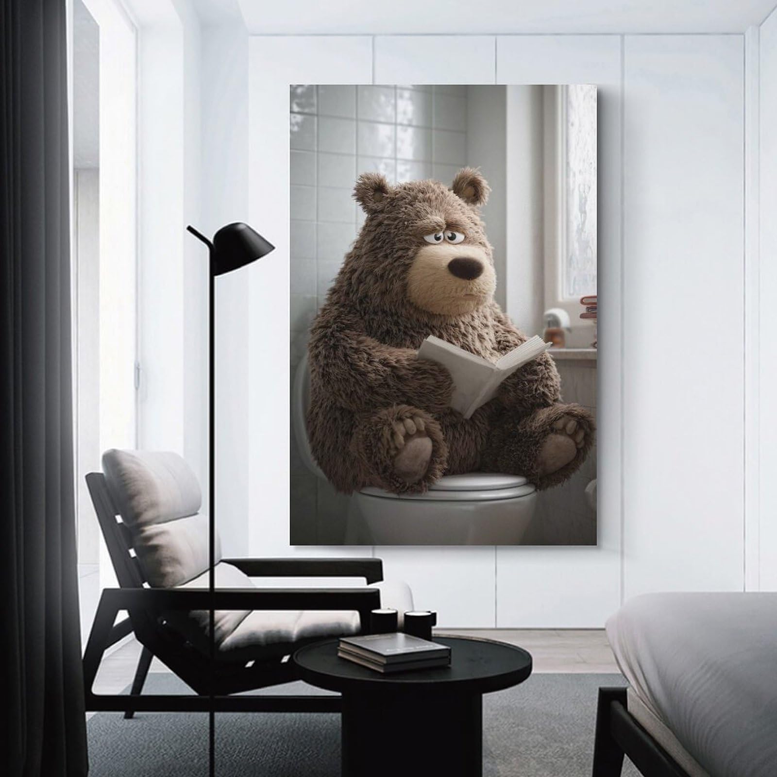 Junmoney Bear Reading on Toilet Wall Picture Print 24x36inch(60x90cm), for Lounge Decor, Offices Or Entryway Styling, A Flexible Wall Accent for Shared Spaces
