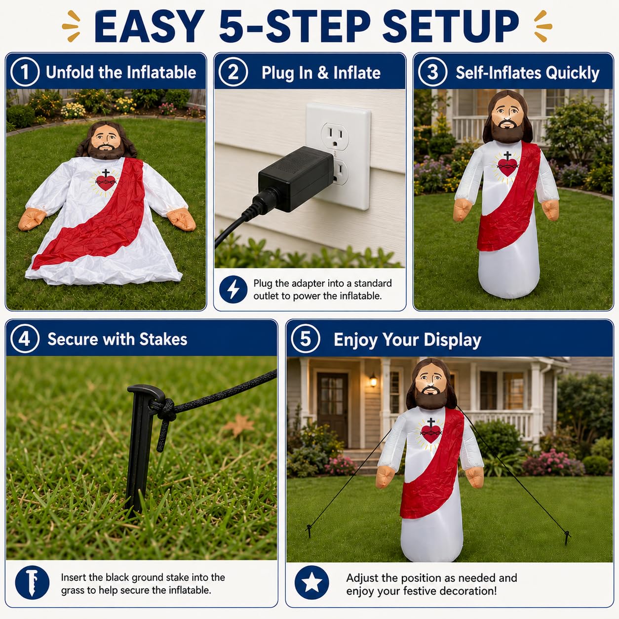 Décoration gonflable Jésus-Christ de 1,5 m avec lumières LED, décoration religieuse gonflable pour extérieur, pelouse, jardin, église, décoration de Noël, Pâques, vacances