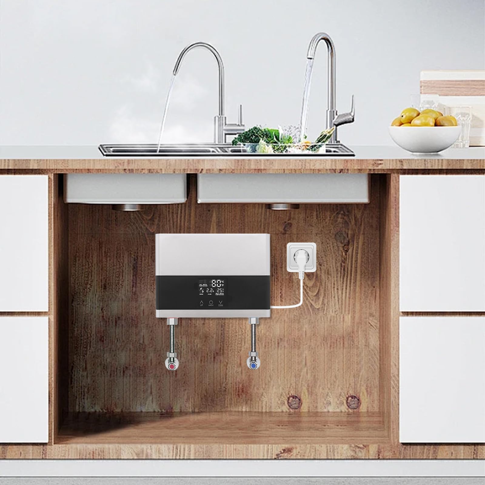 Elektronischer Durchlauferhitzer 6000W: Fernbedienung, 30-50°C Präzisionsregelung + IPX4 - Kompakt für Mietküchen & Gästeduschen, 220V (Silber)