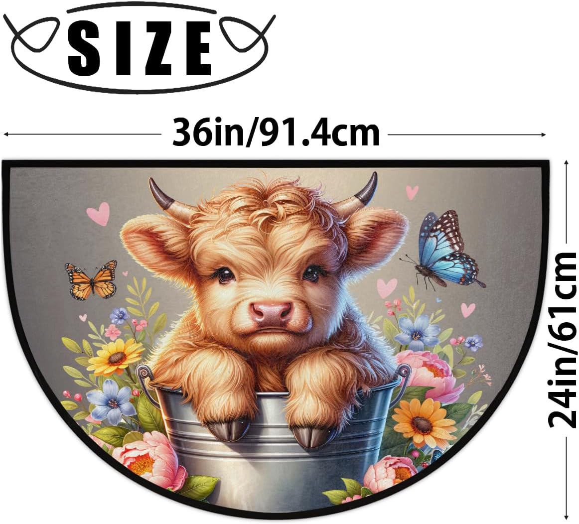 Highland Cow Animal Half Round Door Rug Indoor Entrance Washable Half Circle Area Rugs Non Slip Half Moon Rug Semi Circle Bathroom Mat Floor Carpet for Kithen Bedroom Fireplace Decor
