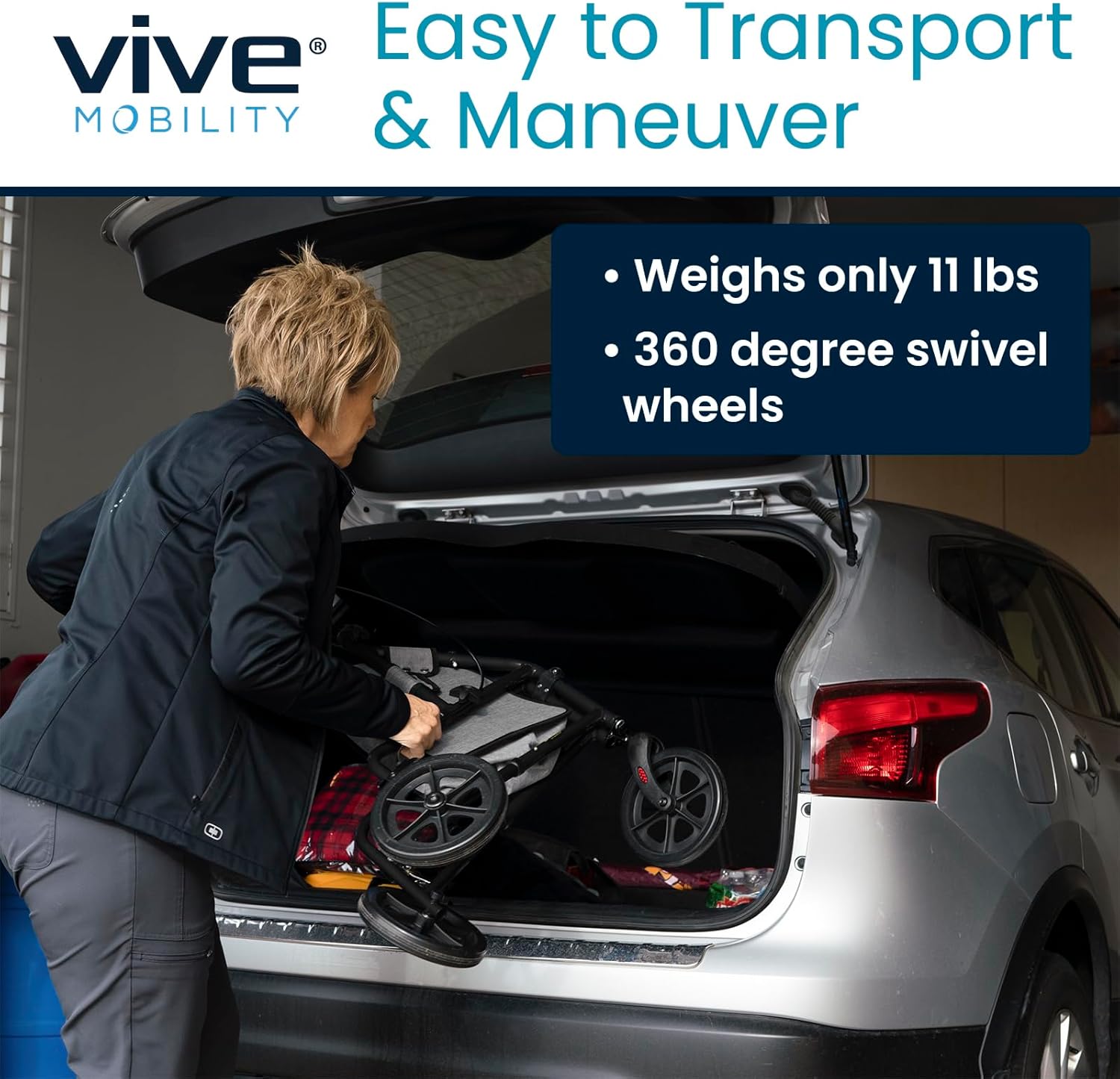 A person placing a folded Vive Mobility 3 Wheel Walker into the trunk of a car.