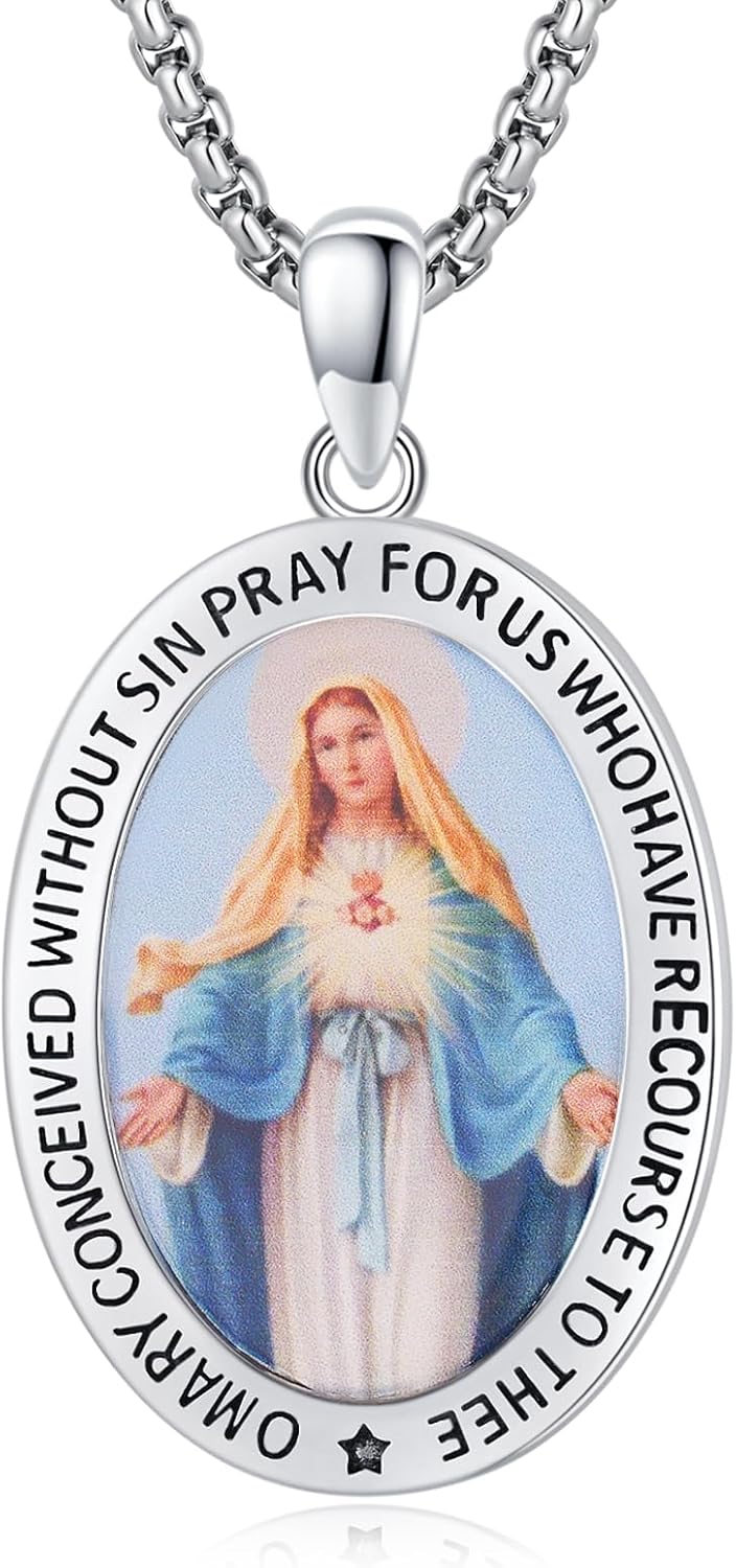 Brisskaari Collar ovalado de Nuestra Señora de Guadalupe para mujeres y hombres, collar con colgante de plata de ley 925, collar con colgante de
