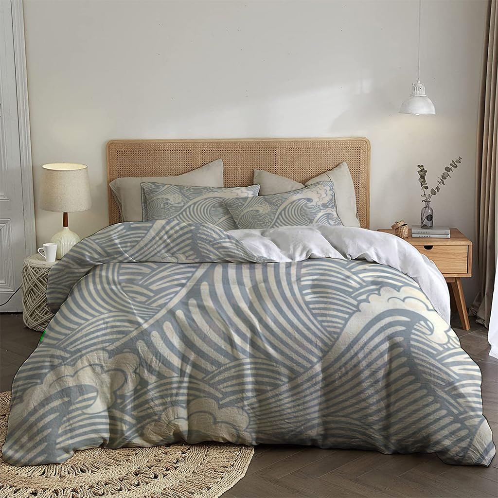 NIBAINLO 布団カバーレトロなスタイルの海の波 肌に優しい ピーチスキン加工 掛け布団カバー 和式 洋式 あったか 布団カバーセット リバーシブル ホームステイ ホテル 家庭兼用