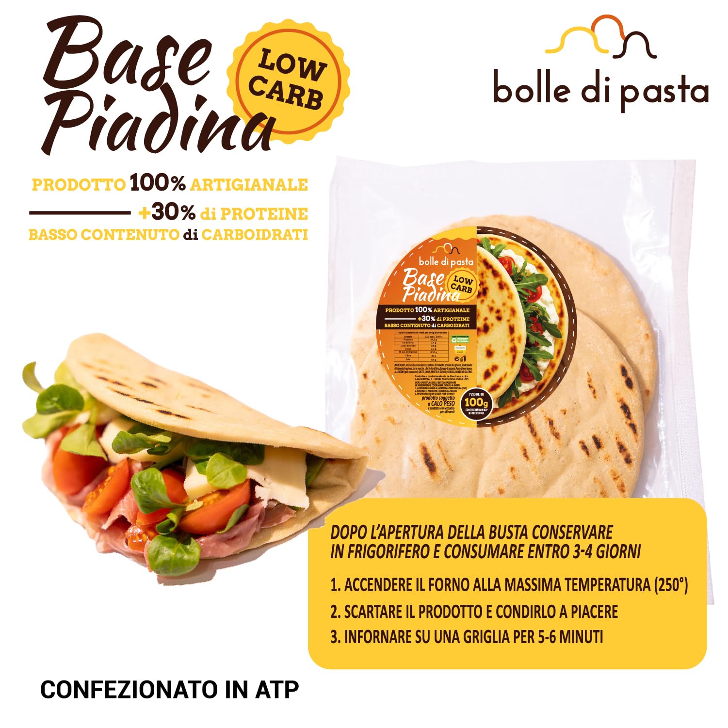 Bolle di Pasta® Base Piadina Low Carb Keto – Piadine Proteiche 100 g – +30% Proteine, Basso Contenuto di Carboidrati – Ideale per Dieta Low Carb e Chetogenica – Piadina Artigianale (3 Confezioni)