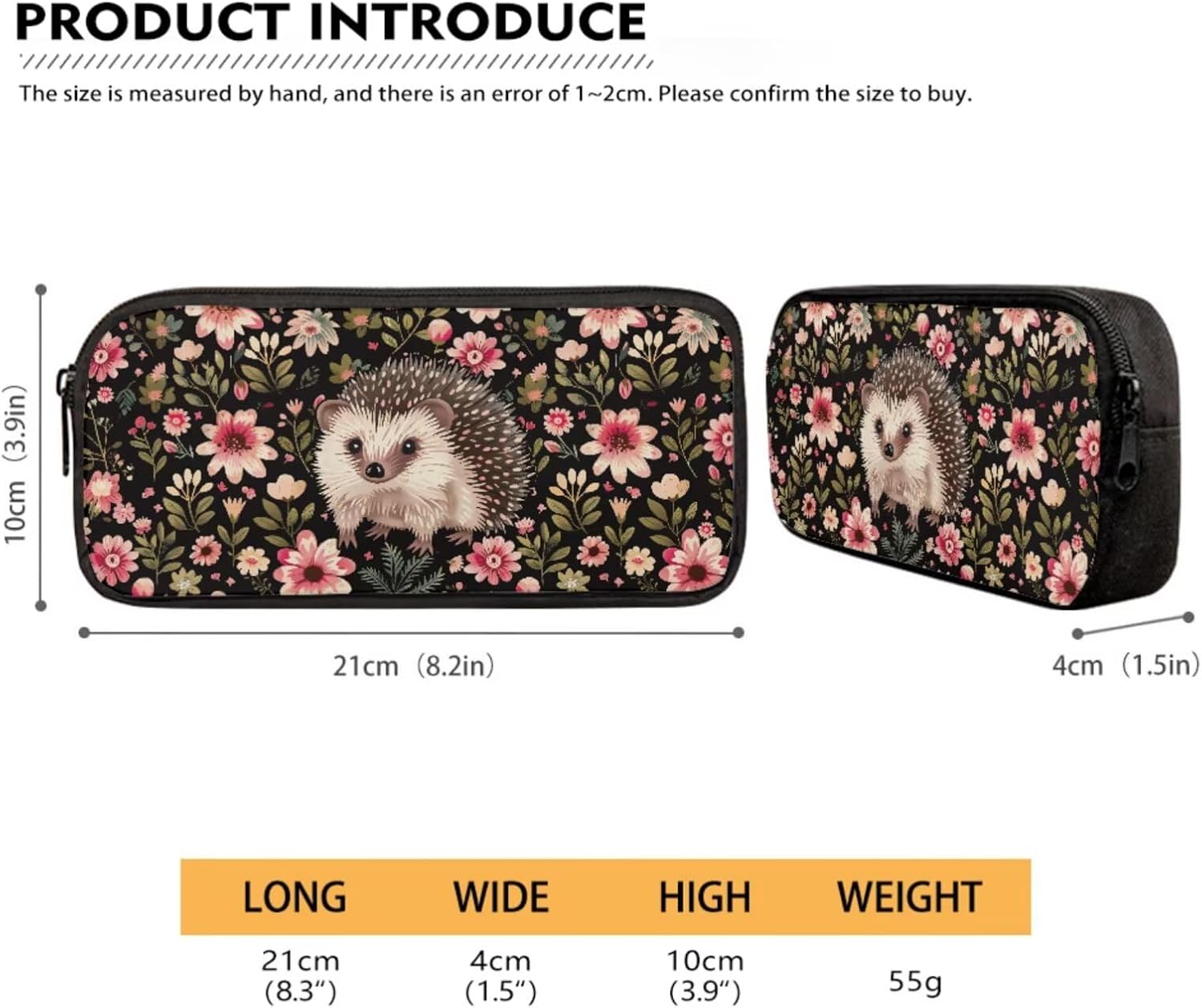 Hedgehog Floral Pattern School Backpack 4Pcs Set 17" School Bag with Thermal Lunch Bag Pencil Case and Water Bottle Holder Back to School Gift for Girls