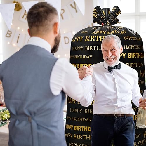 Miniatura 6 de Leinuosen 2 bolsas de regalo grandes de 70 pulgadas, color negro y dorado, bolsas de regalo de plástico de gran tamaño con cuerdas para fiestas de