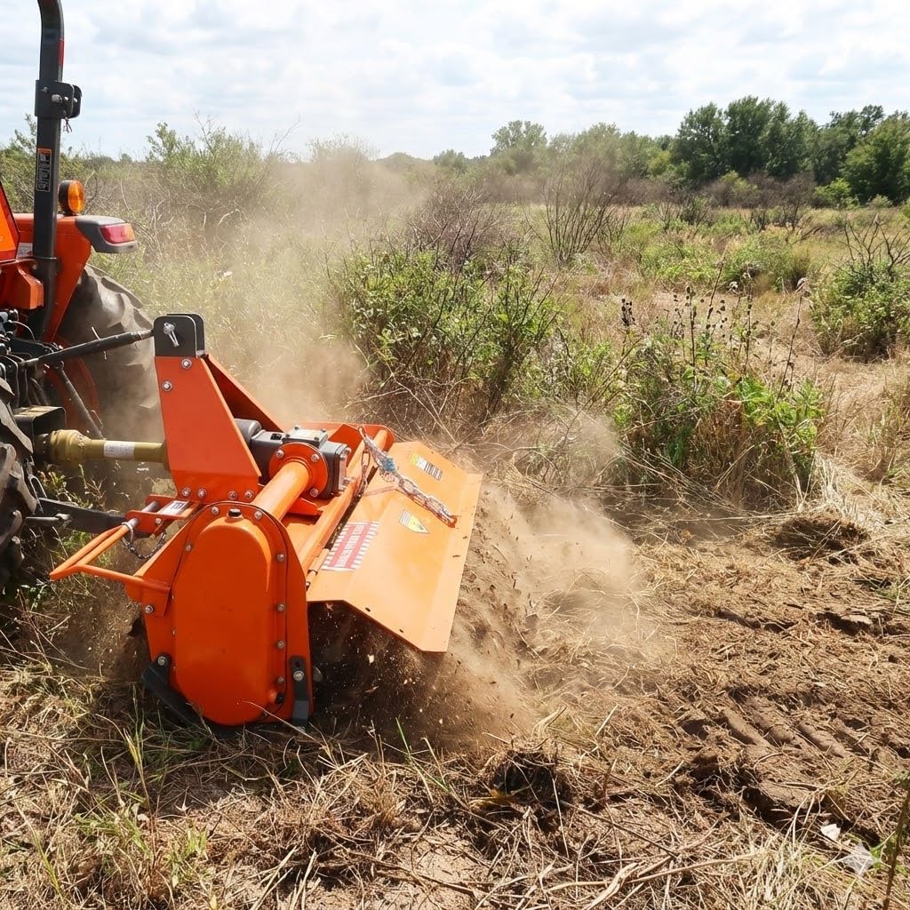 Rotary tiller in operation, tilling soil