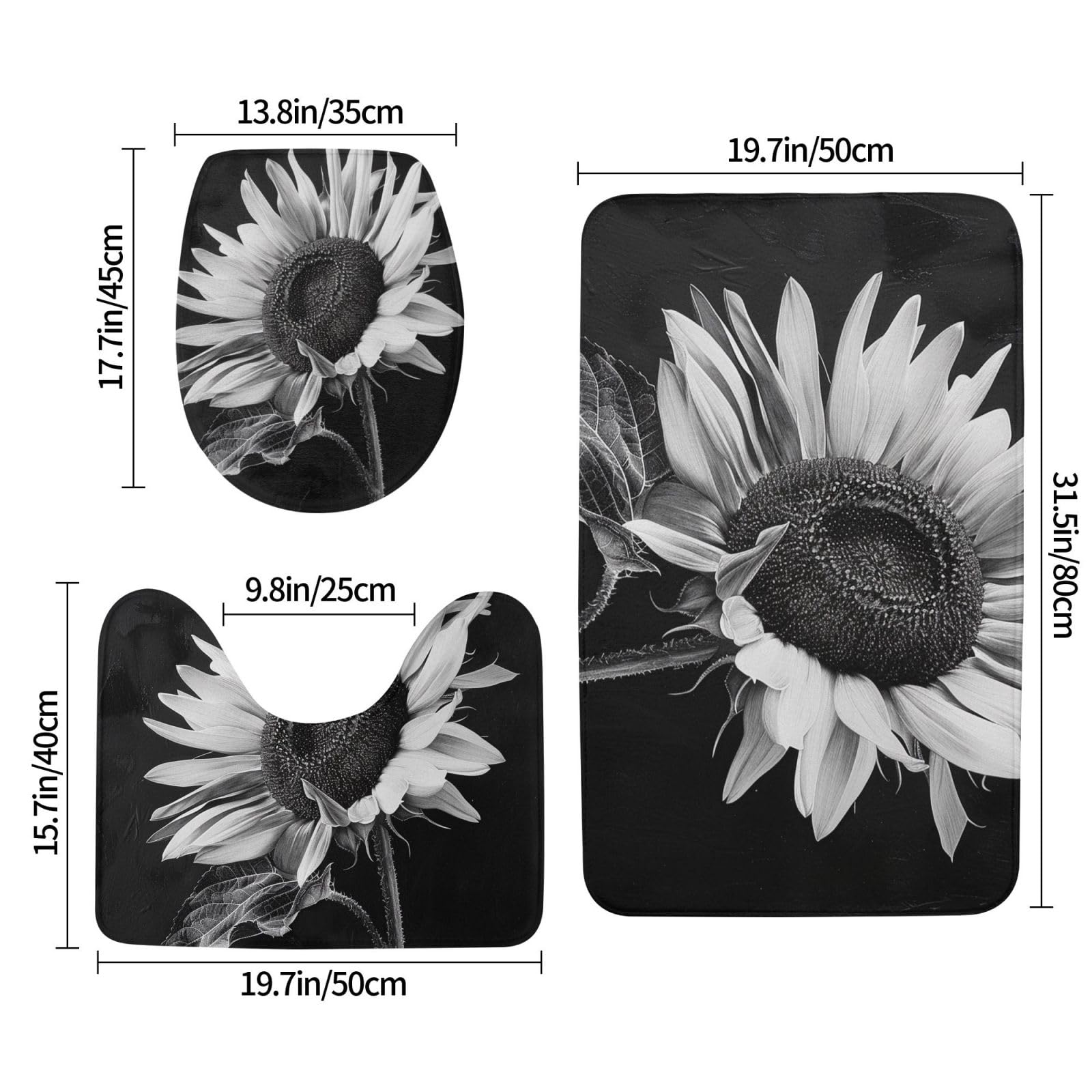 Lot de 3 tapis de bain antidérapants et absorbants en flanelle à imprimé tournesol noir et gris