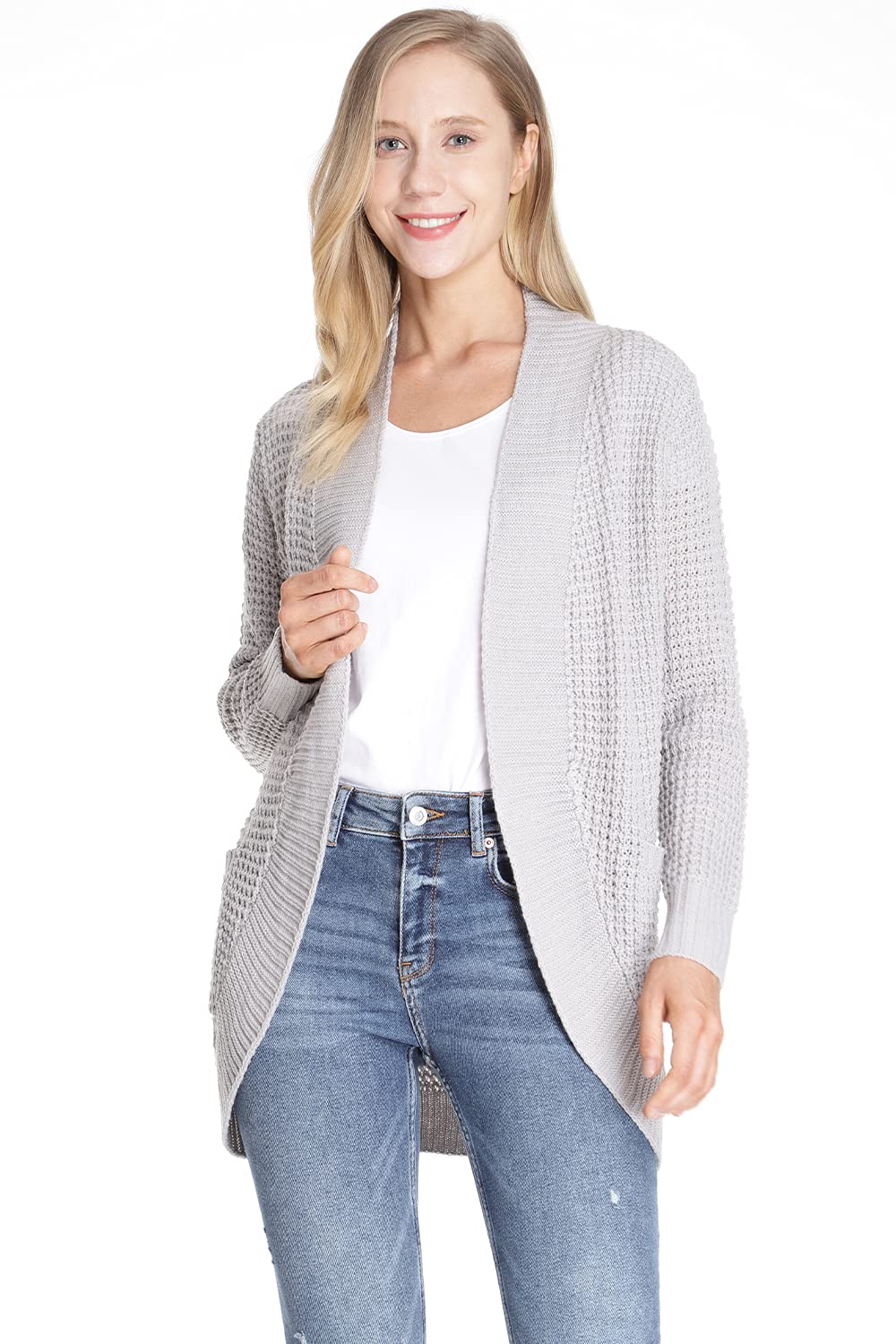 Cardigan for Women Long Sleeve Open Front Loose Knit Cardigan Sweater Outerwear, Grey, L