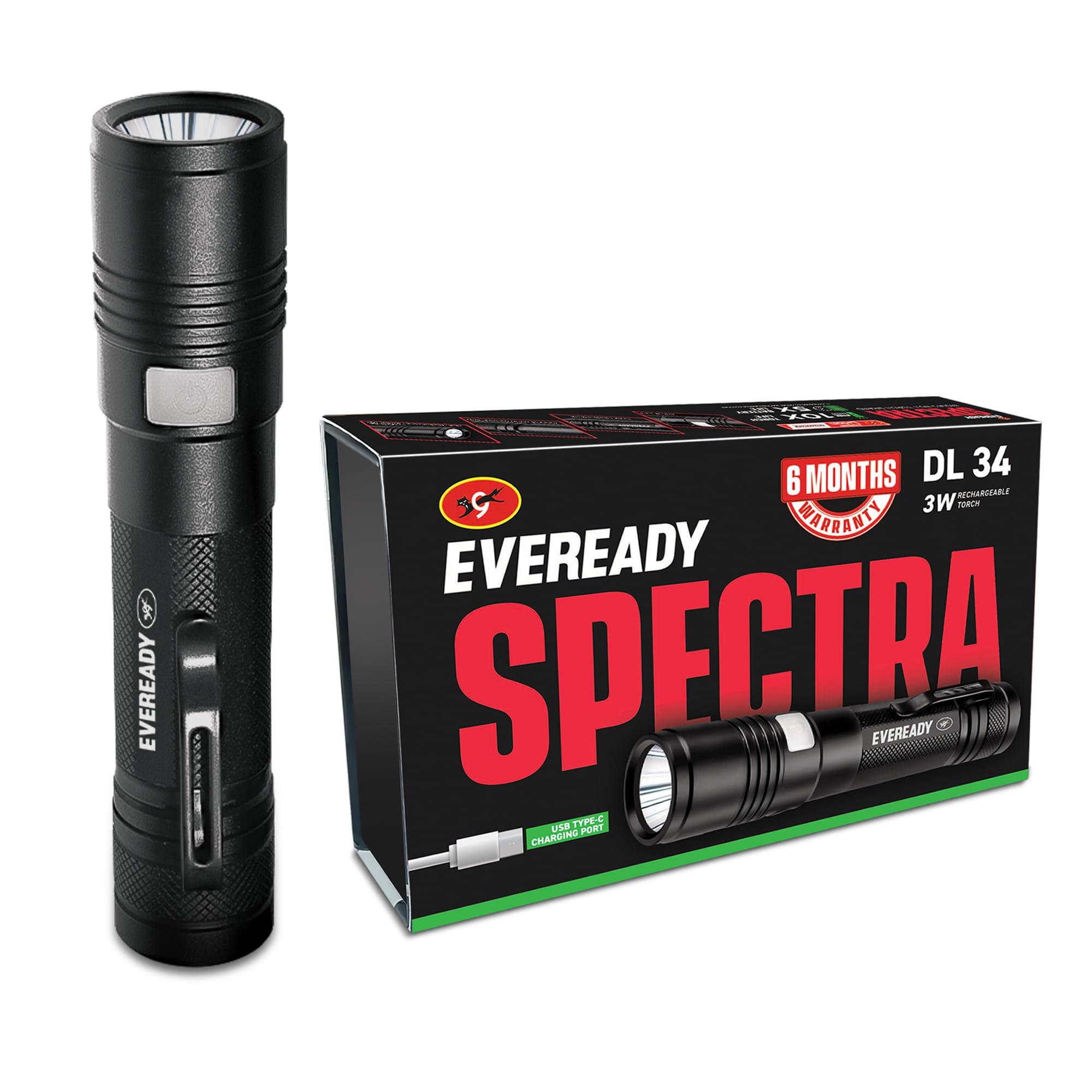 Eveready Spectra DL34, Emergency 3W Powerful LED Rechargeable Torch, Machined Aluminium Torch, Clip-On Design, Scratch & Water Resistance, Type-C USB Fast Charging, Powered by BIS Certified Li-ion Battery