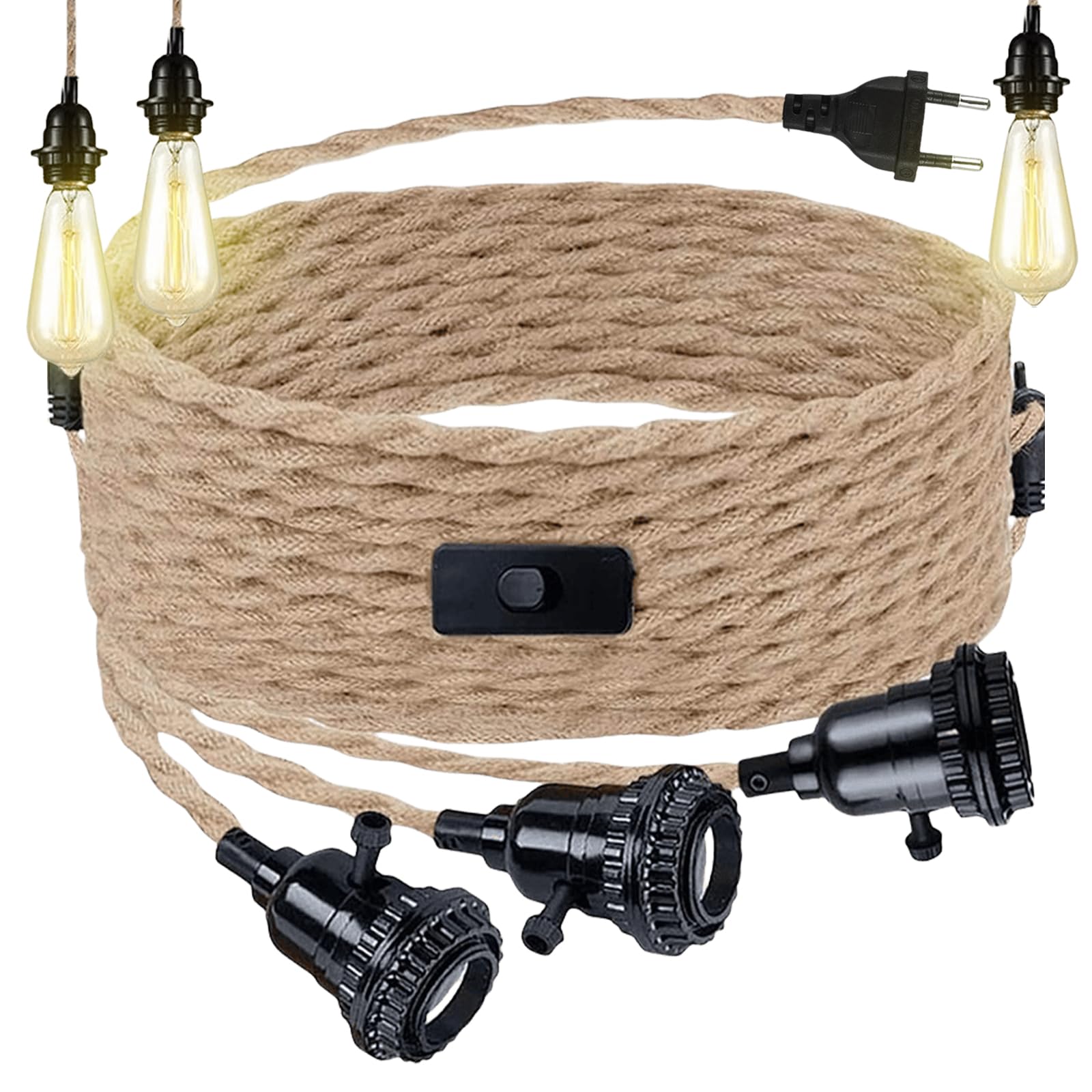 Kit lampada a sospensione in corda di canapa con 3 lampadine, portalampada a sospensione con spina, E27 cavo lampada vintage con interruttore, cavo lampada luce sospesa con 3 fiamme, per sala da