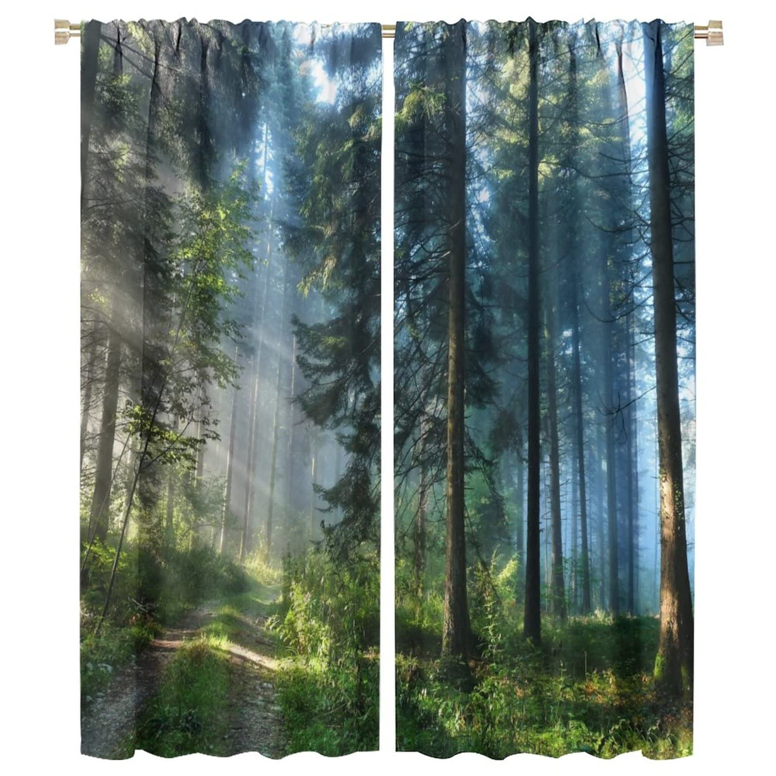 Green Forest Curtains,Forest Sunshine Tree Nature Scenery Room Darkening Thermal Insulated Window Curtain for Living Room Bedroom Kitchen Bathroom 42x54in