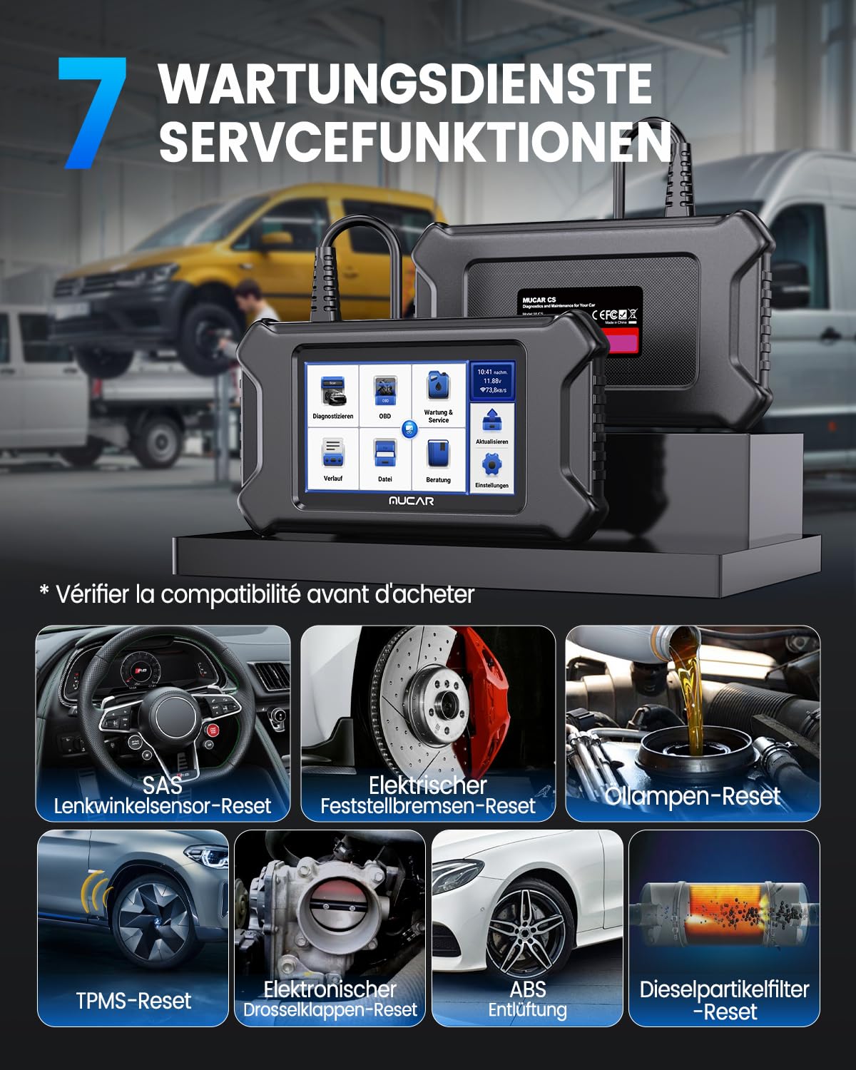 OBD2 Diagnosegerät, MUCAR CS6 Diagnosegerät Auto Mit 6 System(ECM/TCM/ABS/SRS/TPMS/BCM) + 7 Reset-Funktion(Öllampen/EPB/SAS/TPMS/TBA/ETS/ABS/DPF), Auto Auslesegerät Für AutoVIN, Kostenlose Updates