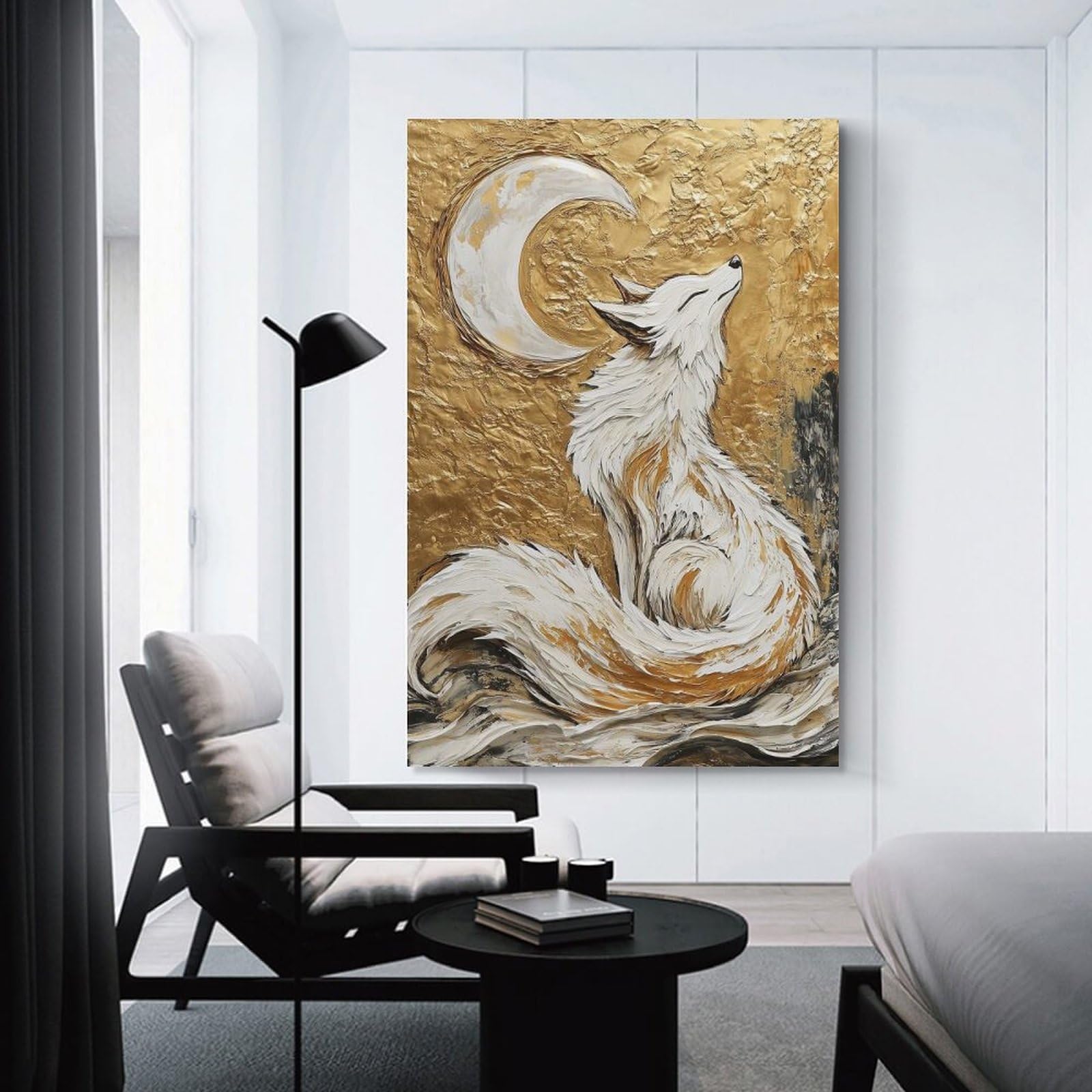 Junmoney Unframe-Style-4 Canvas Wall Art White Fox Under Crescent Moon, 08X12inch(20X30cm), For Lounge, Study, Hallway Or Flat Walls, Canvas Wall Art That Fits Changing Layouts