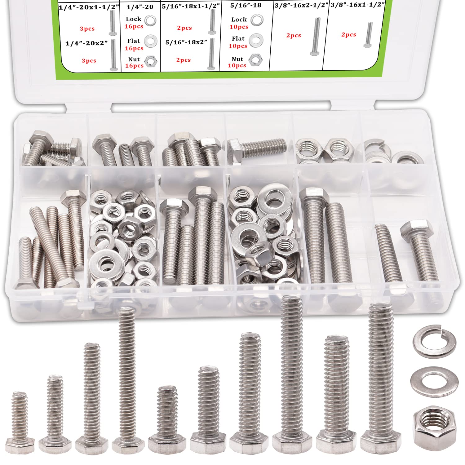 Aienxn 120PCS (30 Sets) Heavy Duty 304 Stainless Steel Hex Head Screw Bolts Assortment Kit, 1/4"-20, 5/16"-18, 3/8"-16 Hex Bolts Nuts Flat Spring Washers Kit, Including 10 SAE Sizes Q-037-BOX