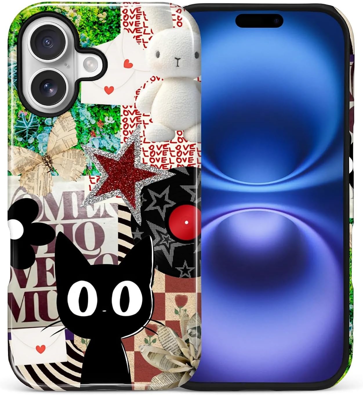 Case for iPhone 17, 2 in 1 PC Hard Shell & Silicone Inner Bumper, Anti-Scratch Full-Body Cover Shockproof Slim Design- Cute Black Cat Collage