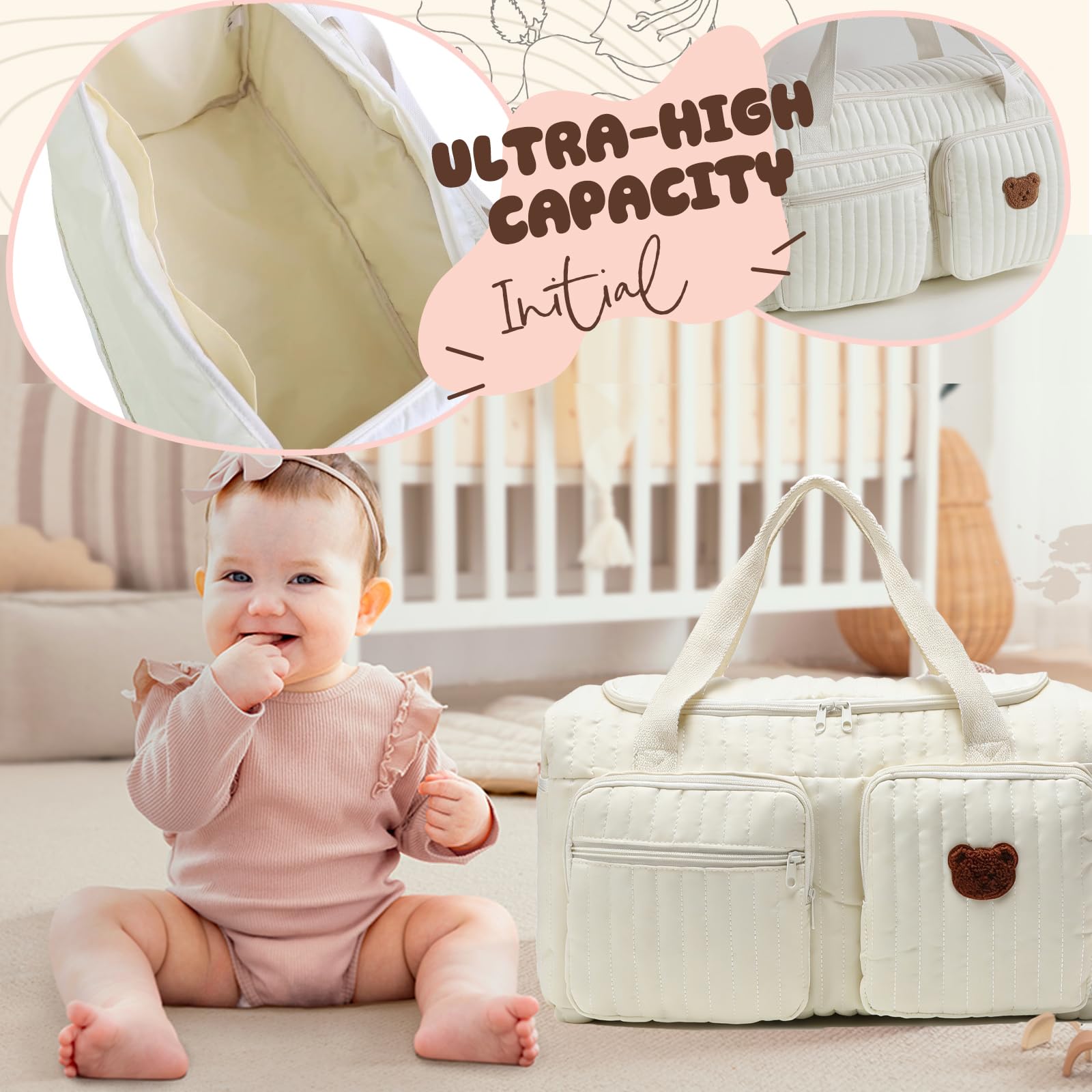 YOUYIKE Sac Langer Maternité Grande, Sac pour l'hôpital, Change Bebe Mommy Bag Matelassé, pour Accouchement à l’Hôpital, Voyage, Camping, Maison, Shopping - 5