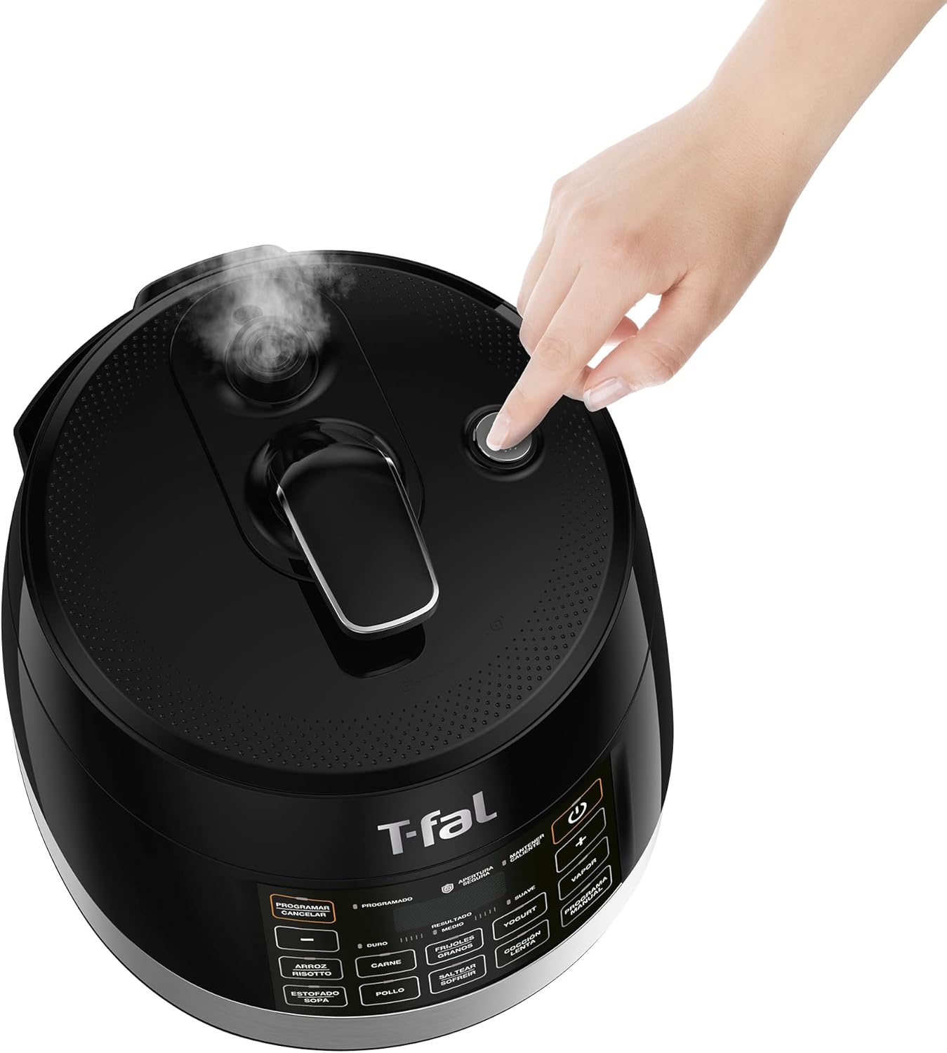 Hand pressing the steam release button on the lid of the Tefal Multi Chef pressure cooker, with steam escaping
