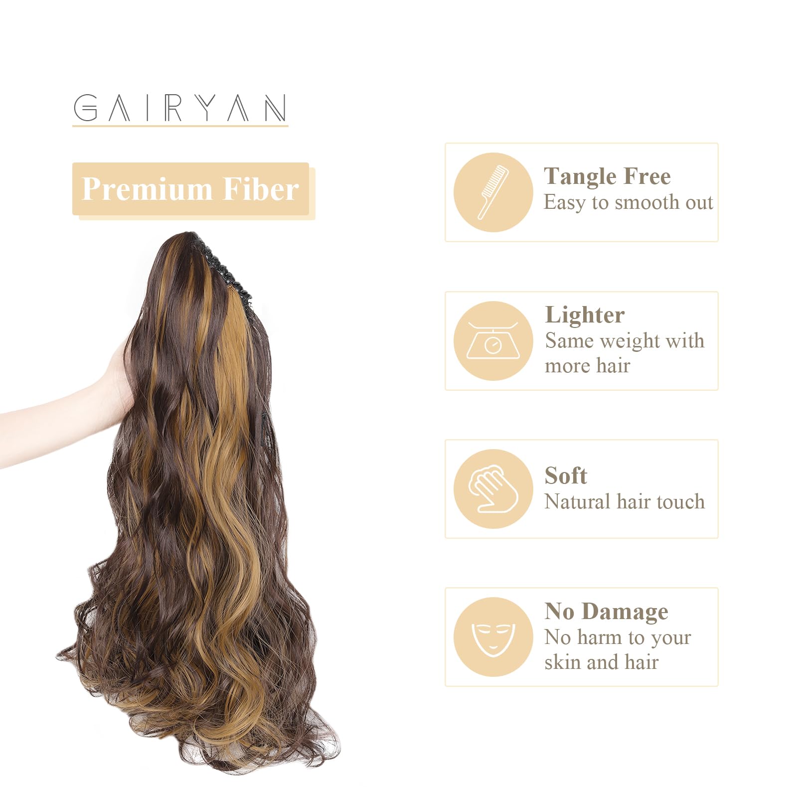 Gairyan 20inch Ponytail Extension Clip in Ponytail Hair Extensions Curly Wavy Pony Tails Claw on Ponytail Long Wave Synthetic Hairpieces for Women Soft Real Look (Medium Brown & Dark Blonde) - Image 3