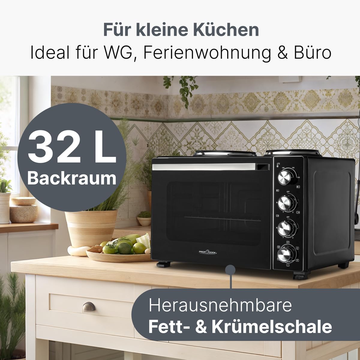 ProfiCook Minibackofen mit Kochplatten und Drehspieß | 32L | Umluft, Oberhitze, Unterhitze, Drehspieß | Kochen und Backen gleichzeitig | Backofen klein | Mini Backofen mit Umluft | PC KK 1302