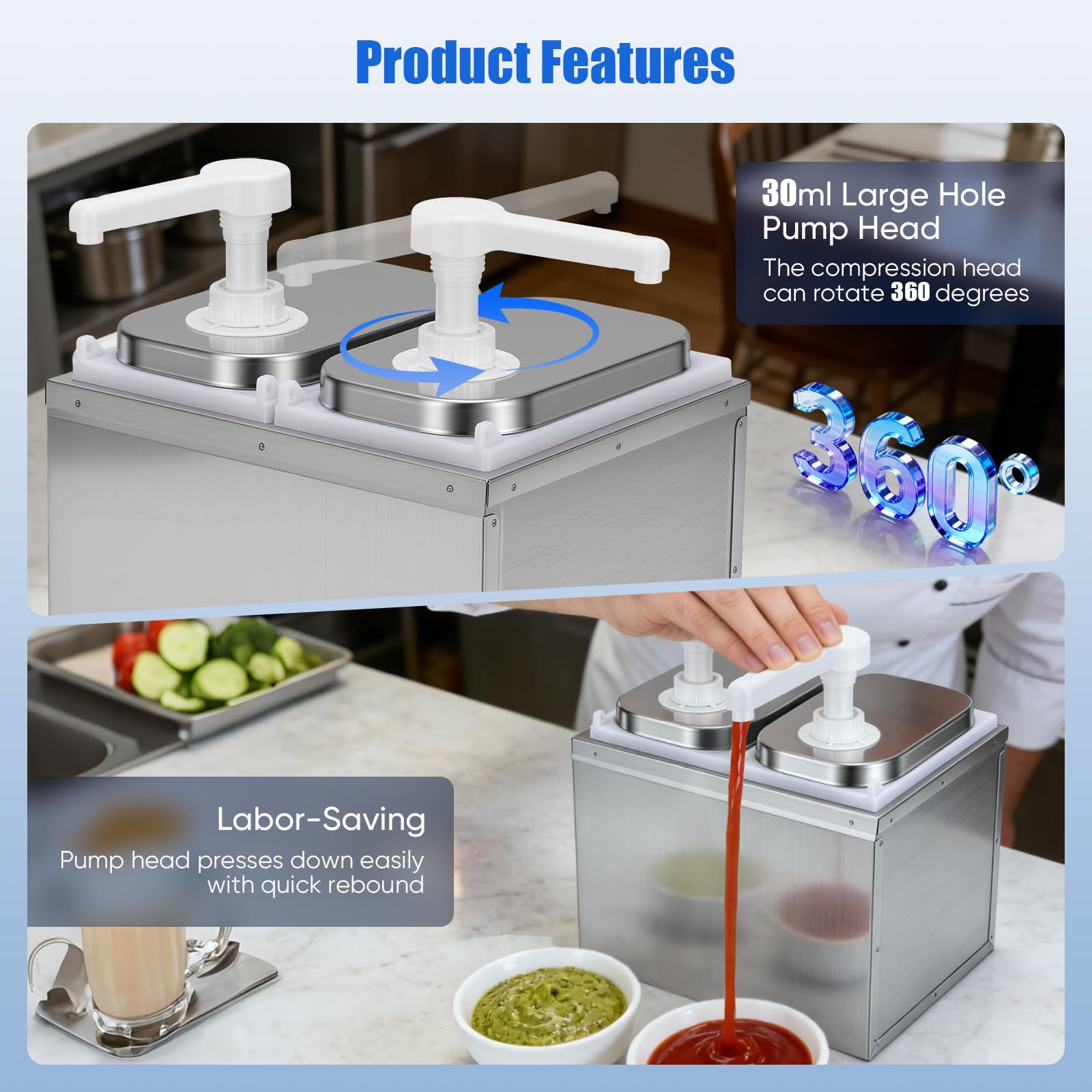 Dispensador de salsa de ketchup de 4 litros, estación de bombeo, acero inoxidable 304, apto para alimentos, apto para lavavajillas, sin goteo, ideal para ketchup, mayonesa, mostaza, miel, 2 ×