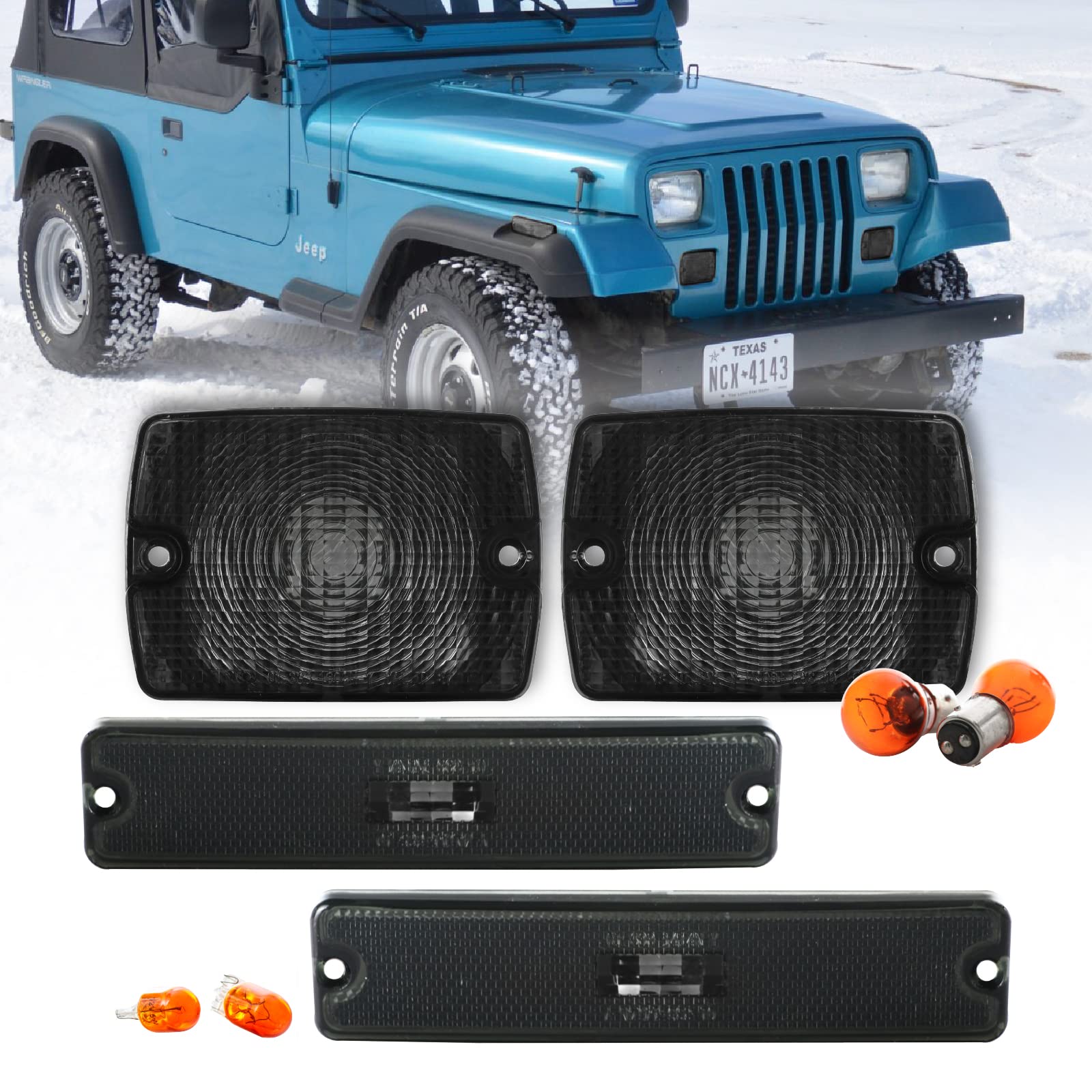 USR DEPO 87-93 YJ Side Marker Lights - COMBO Front Bumper Turn Signal Lamps + Fender Parking Sidemarkers Light Set Compatible with 1987-1993 Wrangler YJ Chassis ( Smoke 4 Pieces)