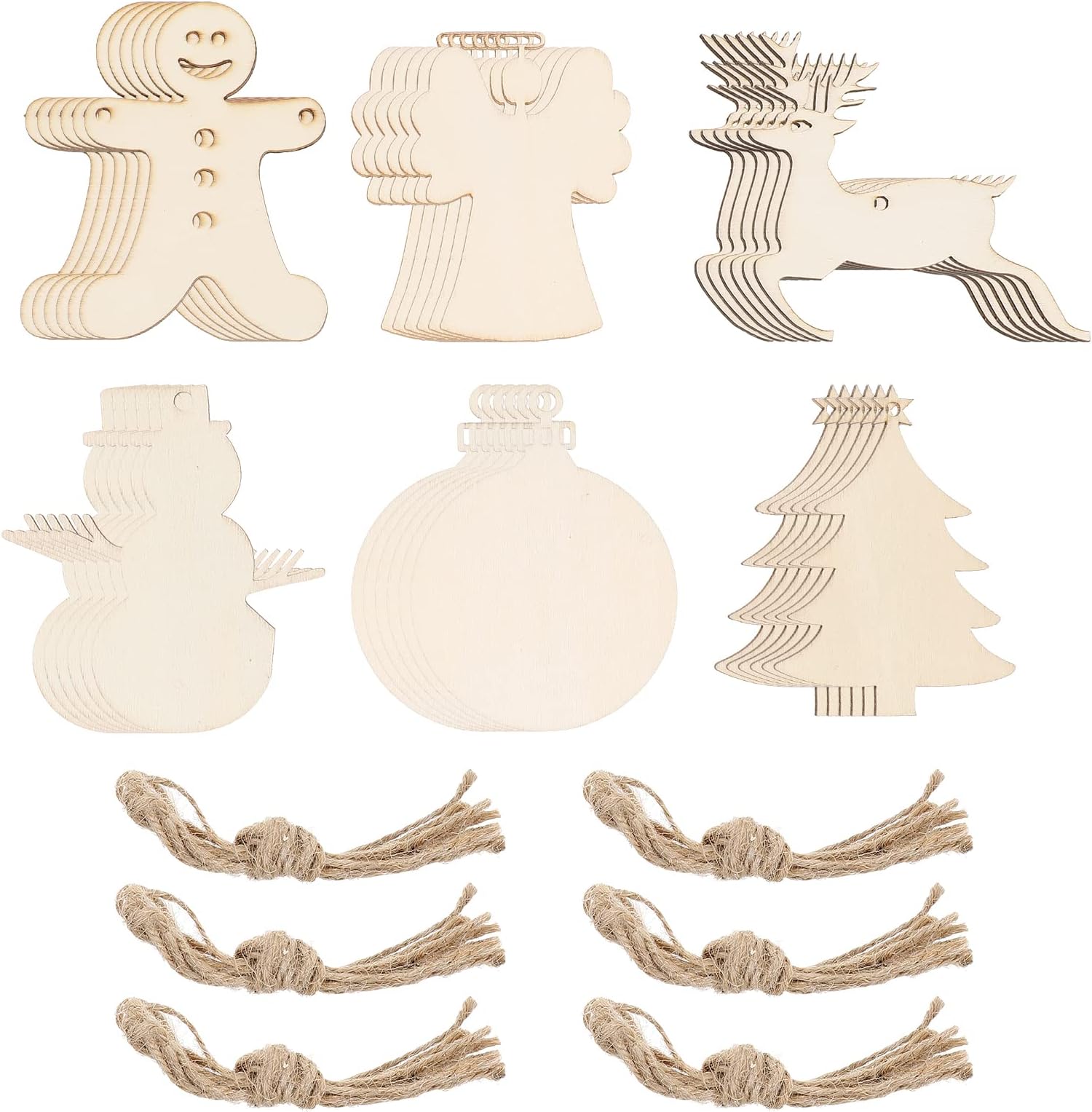 30pcs Christmas Wooden Slices Chips Shaped Embellishments Hanging Decorations Wood Crafts DIY Accessories Small Pendants for Christmas Tree Decorative Ornaments (Angel/Deer/Ball/Child/Snowman/Tree)