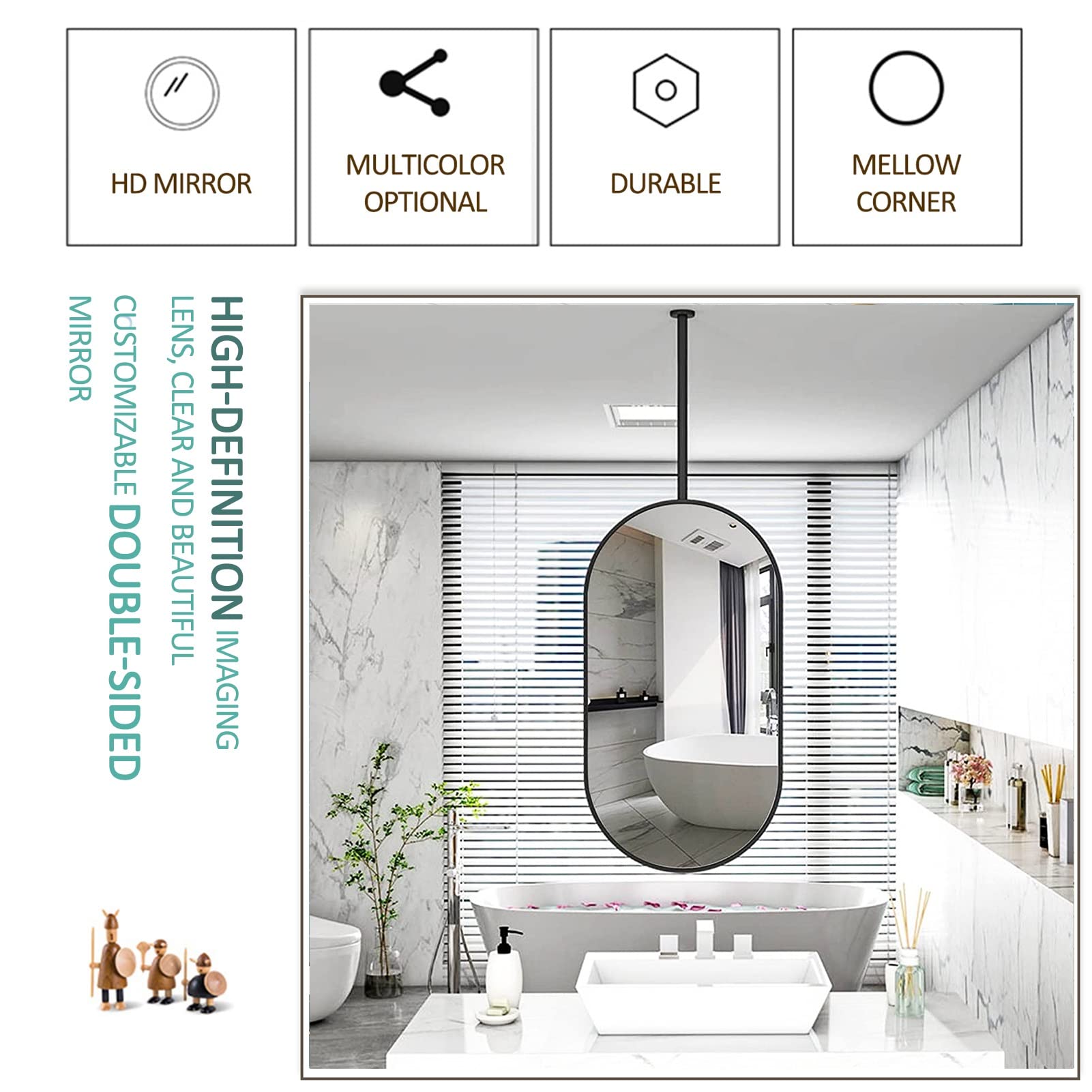 Specchi da Trucco da soffitto HD appesi per Soggiorno, bagni, con Specchio Decorativo Ovale con Cornice in Metallo, specchi da Barba Personalizzabili (Dimensioni: 50 cm x 70 cm)