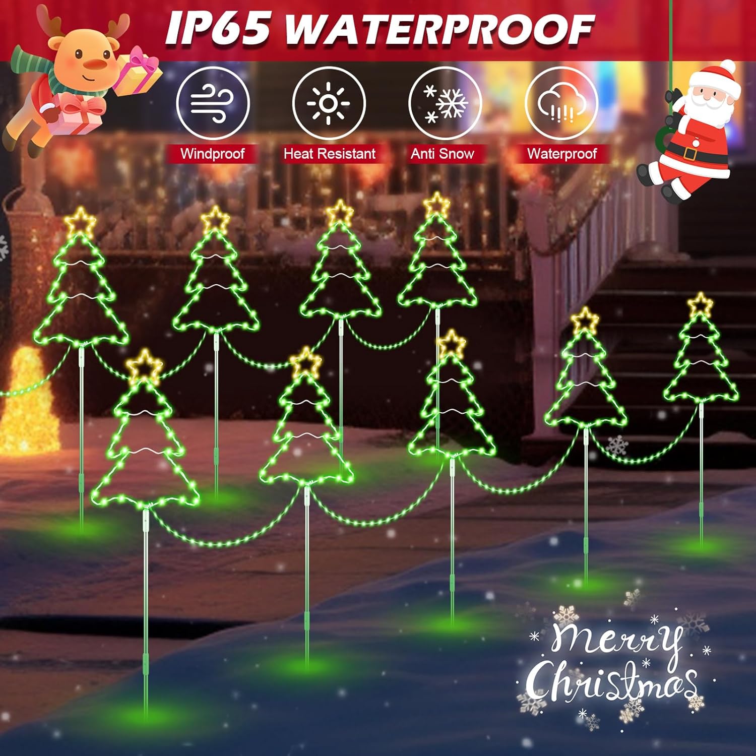 5 Pack 39.4'' Higher Christmas Tree Pathway Lights 250LEDS Outdoor Decorations, Bigger 13.8" Christmas Tree Sign w/ 8 Modes Lighting Waterproof Stake Lights for Xmas Festive Outside Garden, Yard Decor