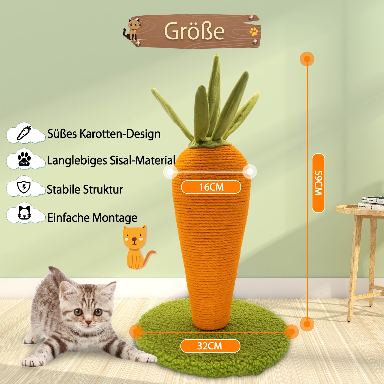 AUSCAT Kratzbaum Karotte, 42cm Süße Möhre Kratzsäule für Katzen, Kratzstamm aus Natursisal Indoor für Kätzchen