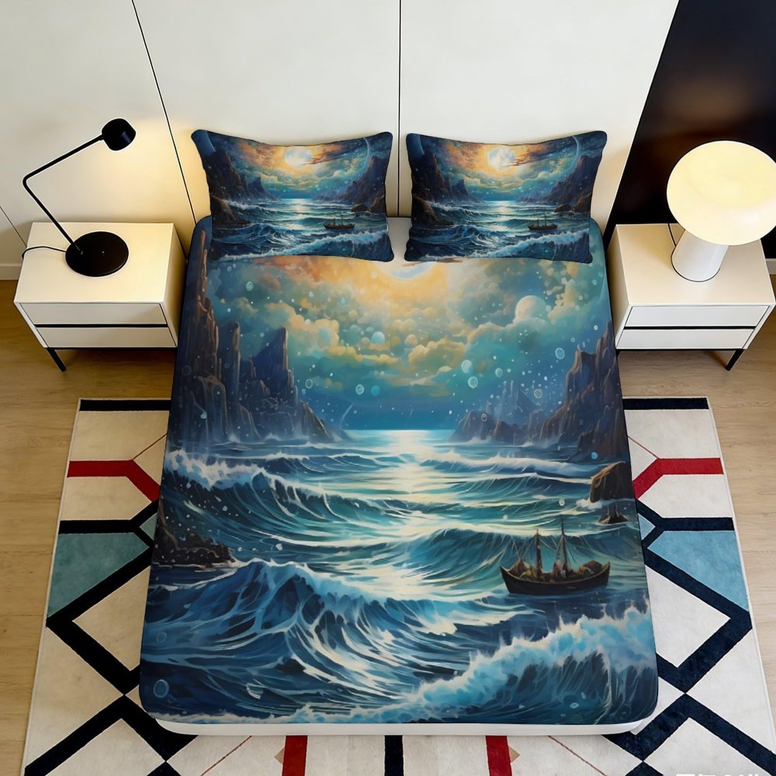3D Printed Ocean Waves Fitted Sheet Microfiber Soft Breathable Moonlight Seascape Bed Cover for Bedroom Dormitory Guest Room Mattress Protection Decor 120x200x25cm