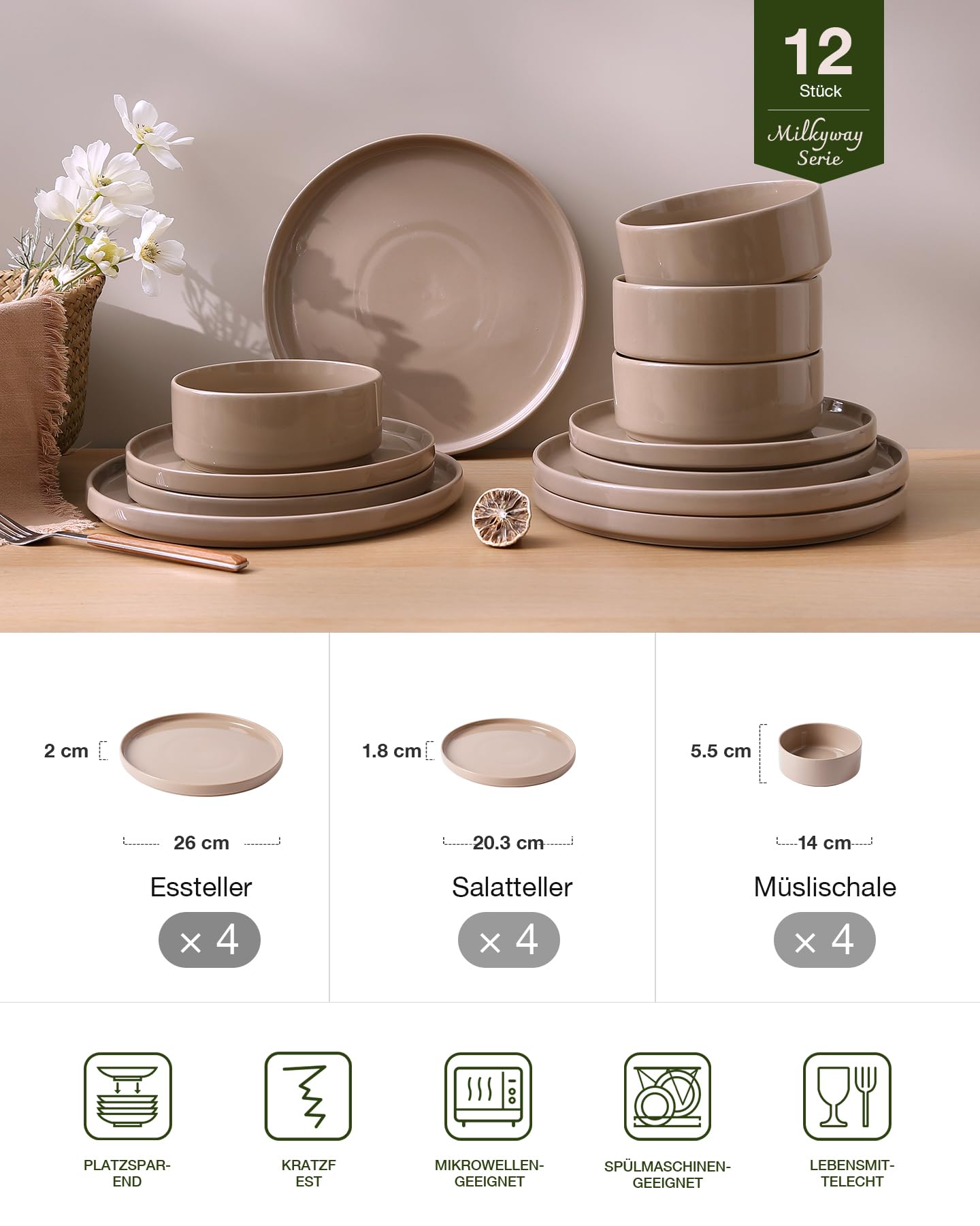 Richmount Nebula Geschirrset 4 Personen, 12-teiliges Teller Set und das Schüsselset, Sprenkel Steingut Geschirr Set, Tafelservice, Mikrowellen- & Spülmaschinenfest, Zimtbraun
