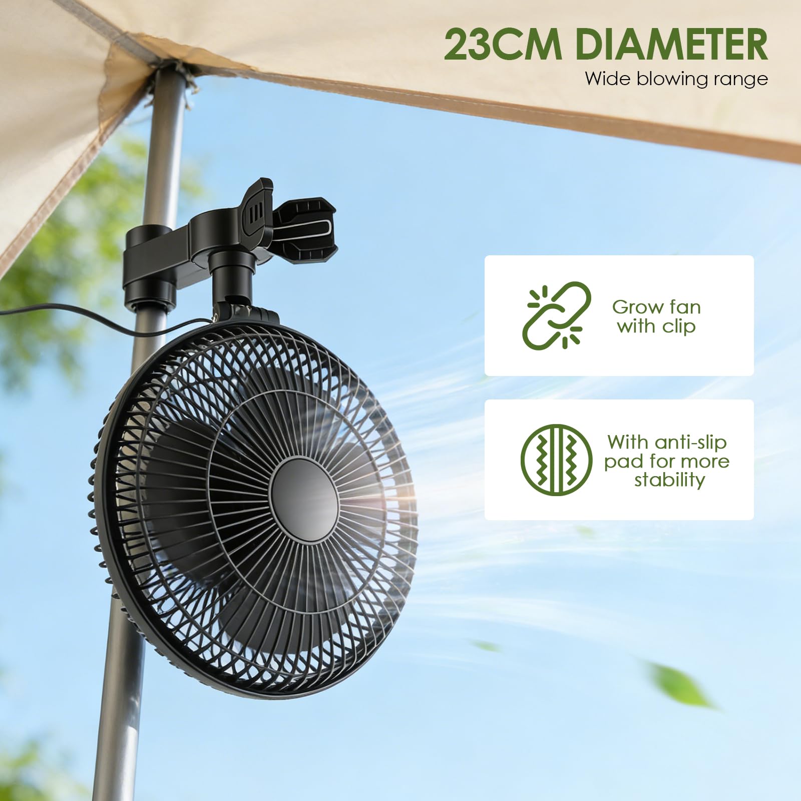 Grow Clip-Ventilator 25W, Oszillierender Klemmbar 22cm Durchmesser für Growzelt Growbox mit 1.5m langes Kabel, Oszillierender Lüfter mit Clip, 2 Geschwindigkeitsstufen