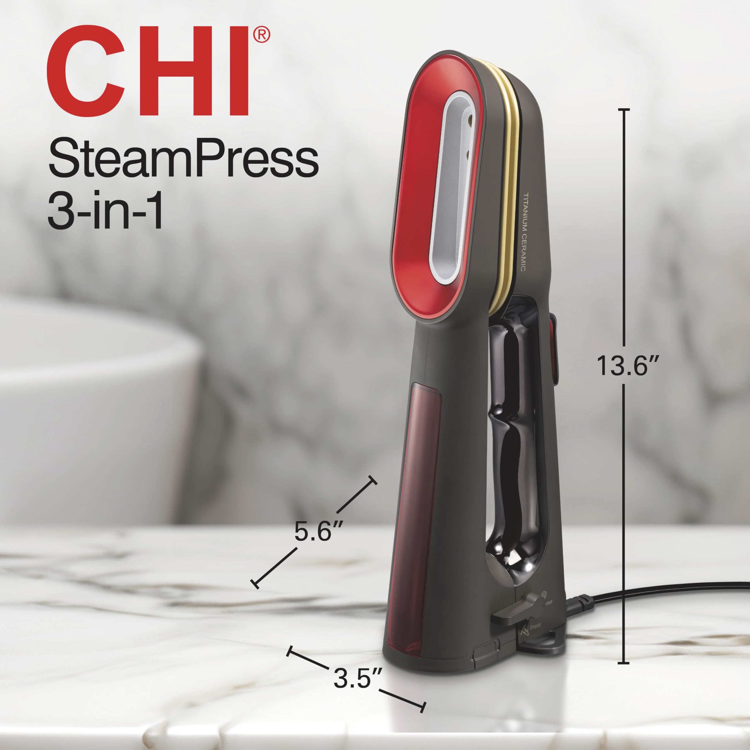 CHI SteamPress - Vaporizzatore a mano 3 in 1 e ferro a vapore di bloccaggio, non necessita di asse da stiro, serbatoio dell'acqua da 200 ml, 9 minuti di vapore, riscaldamento rapido 25 secondi, 1500
