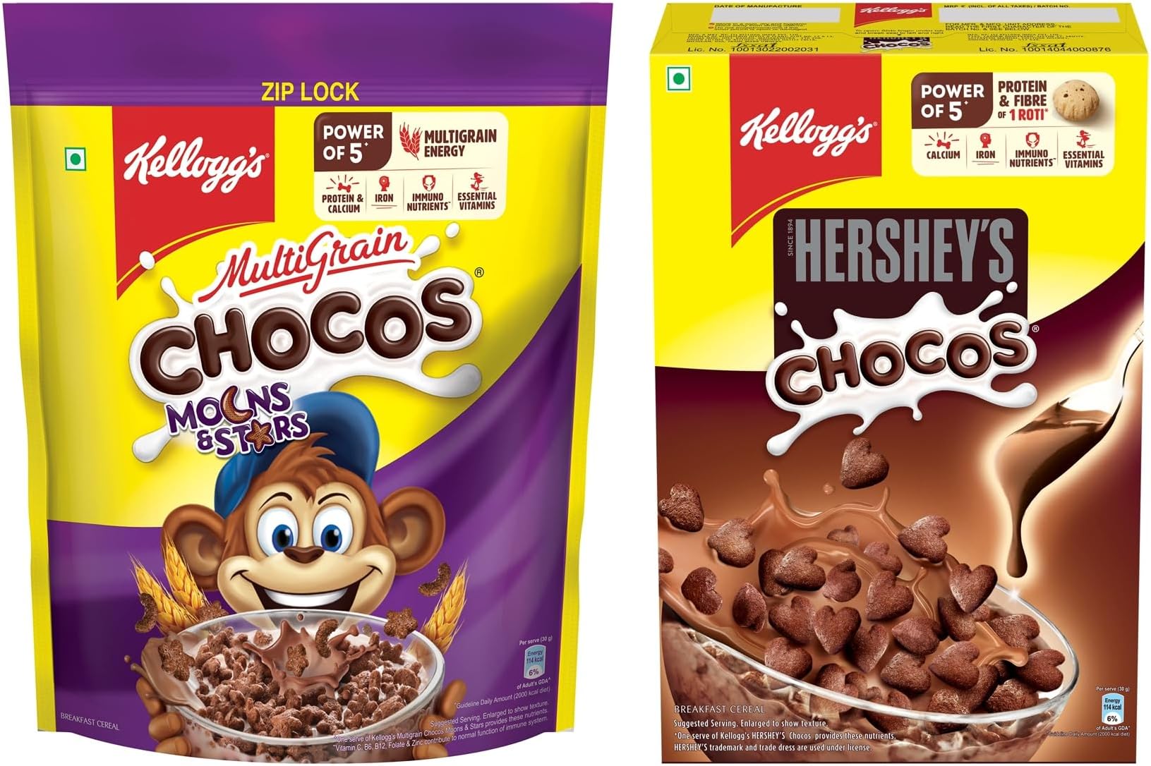 Kellogg's Chocos Moons & Stars, Breakfast Cereals, 1.2 Kg Pack & Kellogg's Hershey's Chocos, 325g Pack