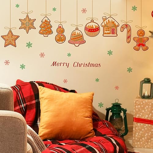 Miniatura 4 de Calcomanías de pared con texto en inglés Merry Christmas para despegar y pegar, arte de pared de casa de caramelos, copos de nieve, decoración de