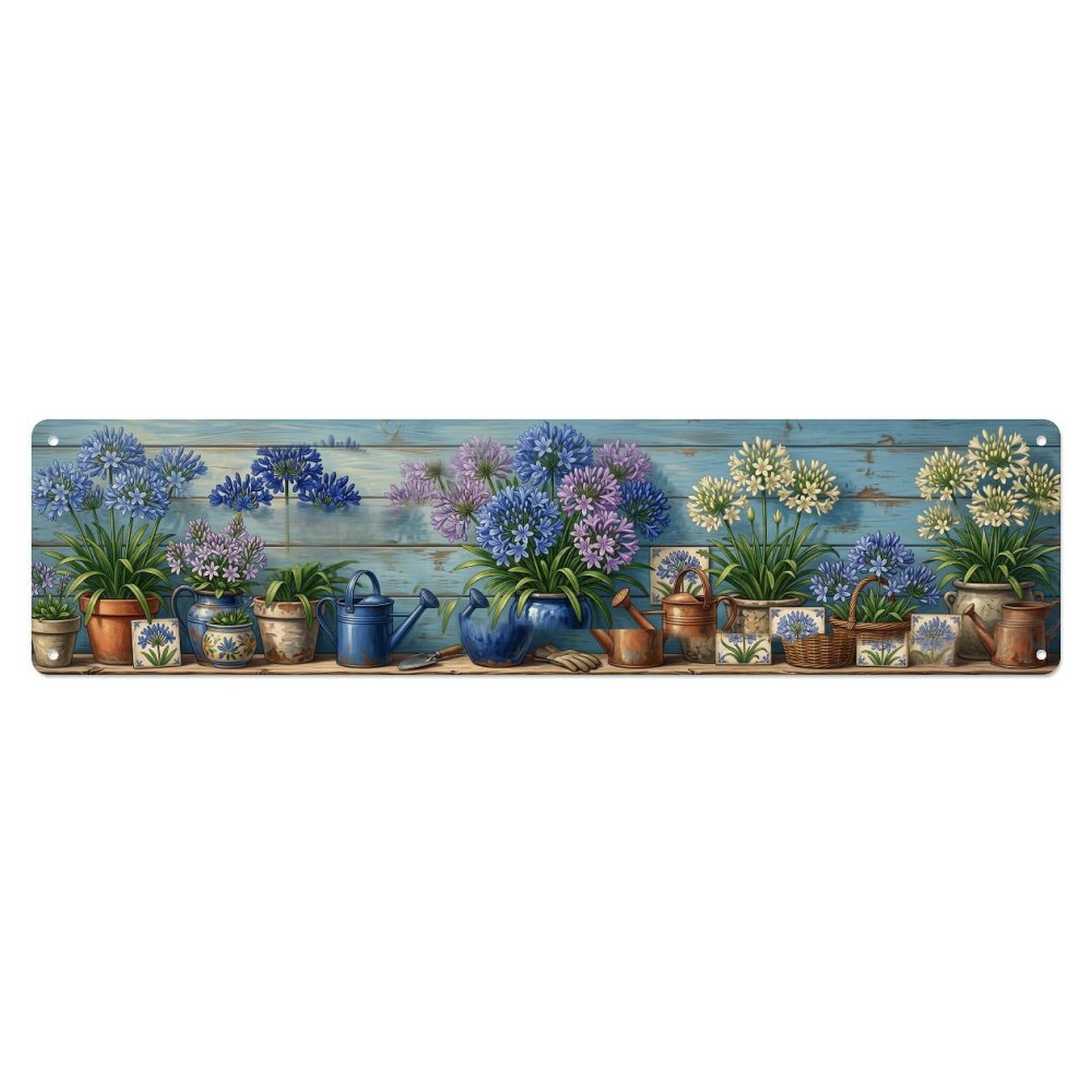 Floral Garden Tools Agapanthus Blue Pattern Print Metal Tin Sign