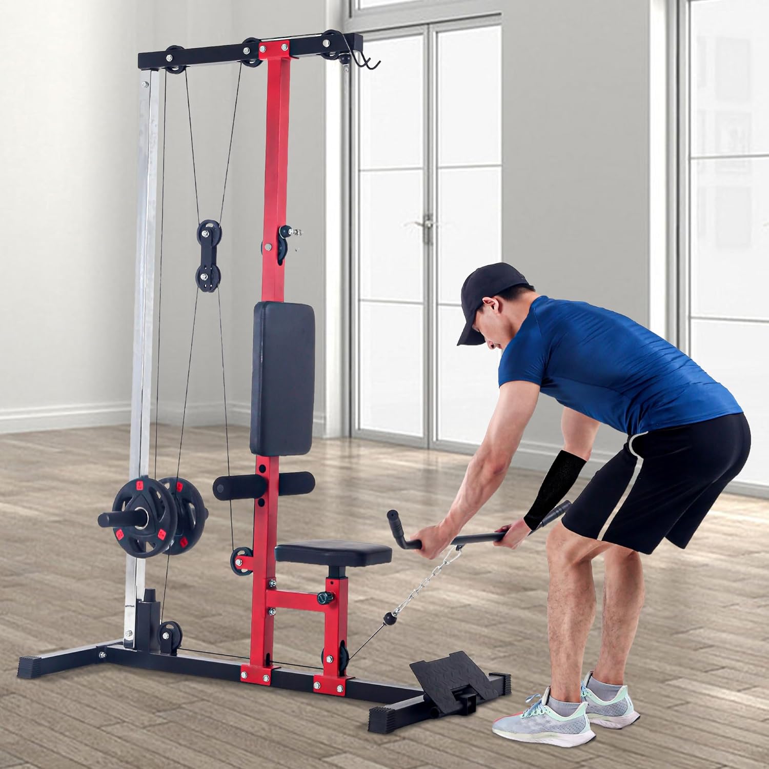 LAT Pull Down Machine with High and Low Pulley Station, LAT Row Cable Machine with Adjustable Legs Support, Heavy Duty Back Exercise Equipment for Home Gym Strength Training, Black Red