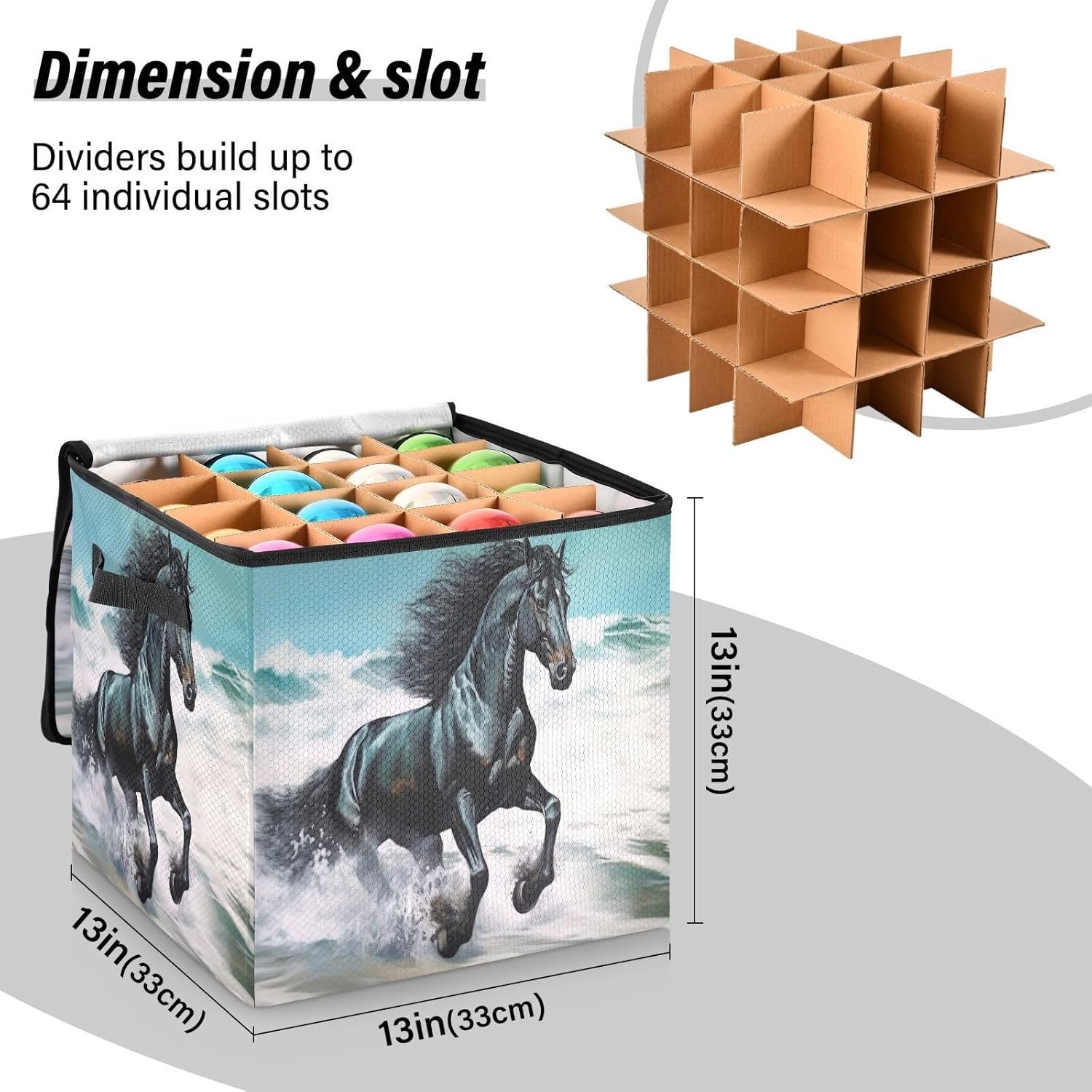 Black Horse 13 Inch Christmas Ornament Storage Box with Lid - Holiday Decor Storage Containers, Stores 64 Ornaments, 3 Inch Cube Compartments