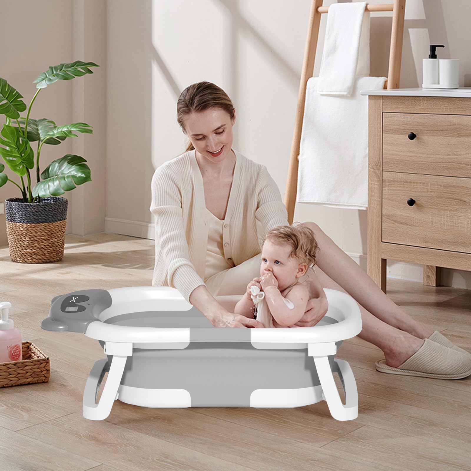LiveGo Bañera para bebé, bañera plegable para bebé, bañera plegable para recién nacidos a niños pequeños, bañera portátil de viaje con monitor de temperatura en tiempo real + cojín suave, juego de
