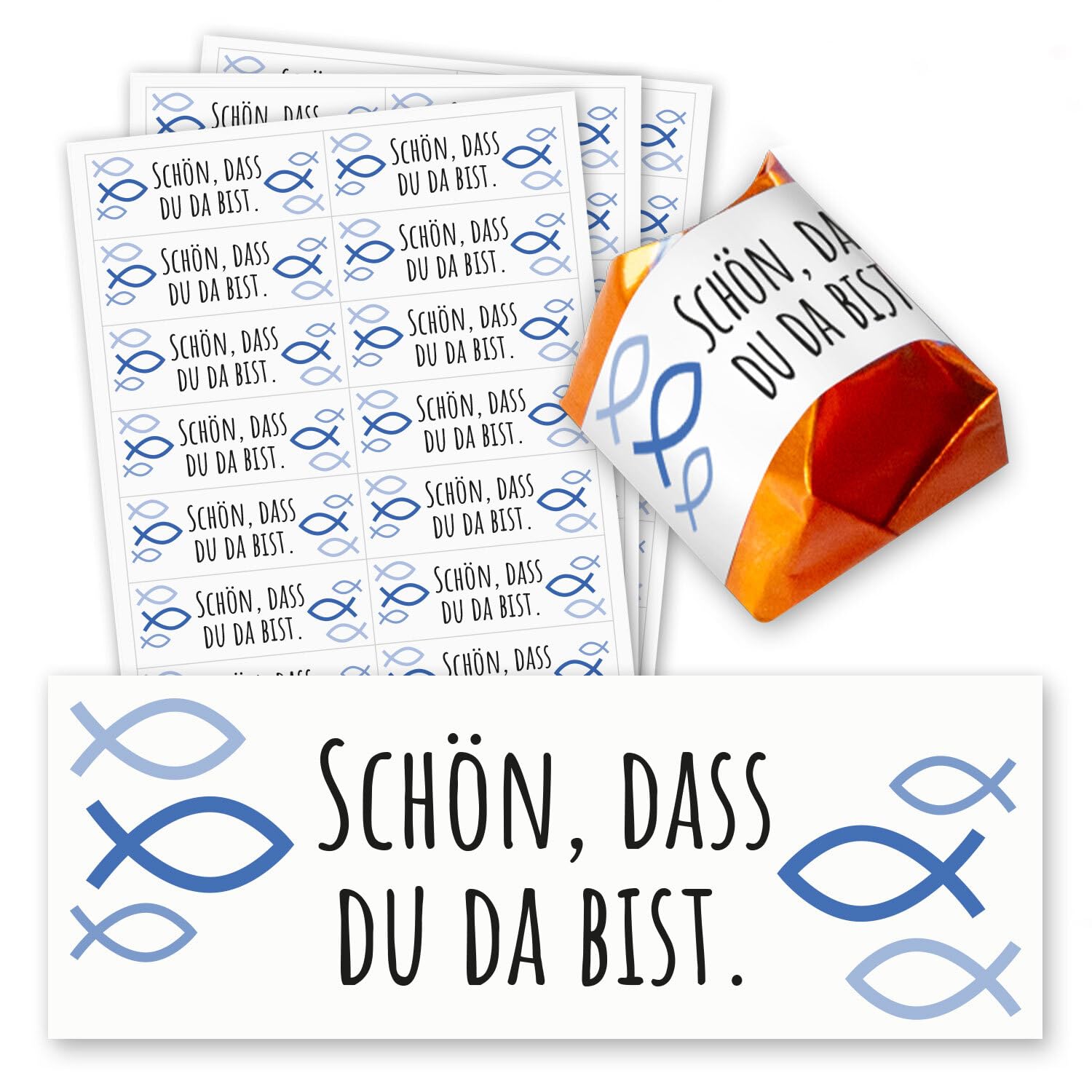 younikat Schön, dass du da bist Aufkleber-Set I 60 Stück I Gastgeschenk passend für Küsschen Pralinen I Ichthys Fisch blau I Taufe Hochzeit Kommunion I dv1423