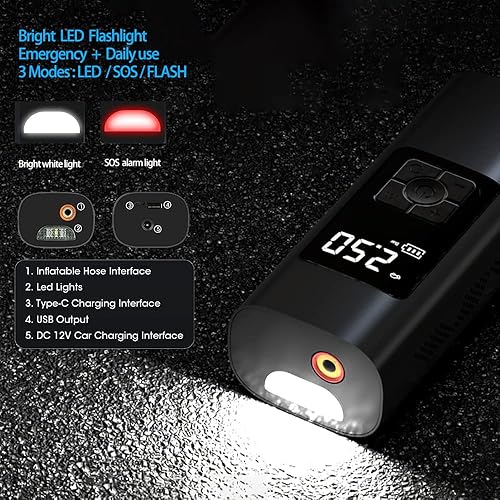 Miniatura 6 de Compresor de aire portátil Inflador de neumáticos de 150 psi, bomba de aire eléctrica para automóvil, bomba de neumáticos con pantalla digital para