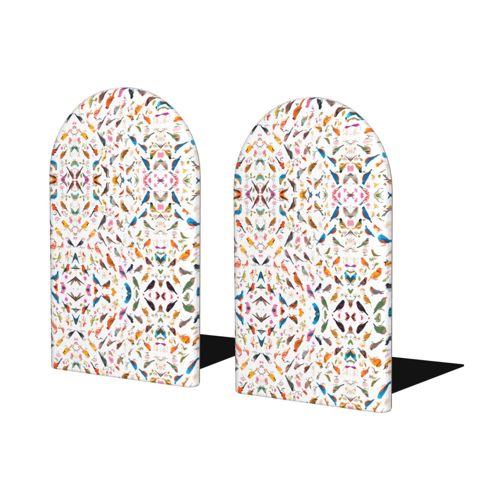 Flowers Bunnies Birds Stylish Bookends with Full-Print Design Durable Wooden and Metal Bookend Set for Home, Office