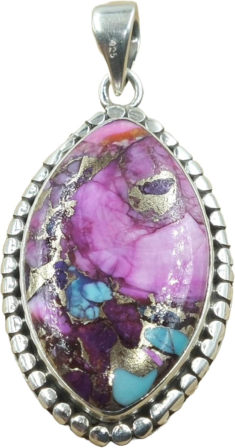 Natural Pink And Blue Spiny Oyster Turquoise Gemstone 925 Sterling Silver Handmade Statement Pendant for Women Gift for Her